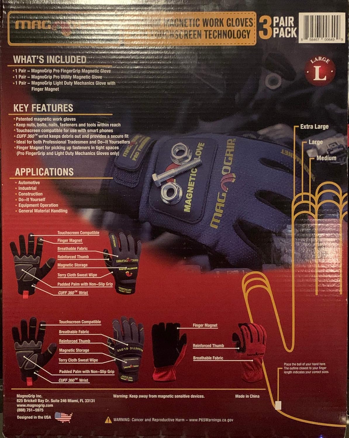 MagnoGrip Premium Magntic Work Gloves with Touchscreen Technology L, 3 pack