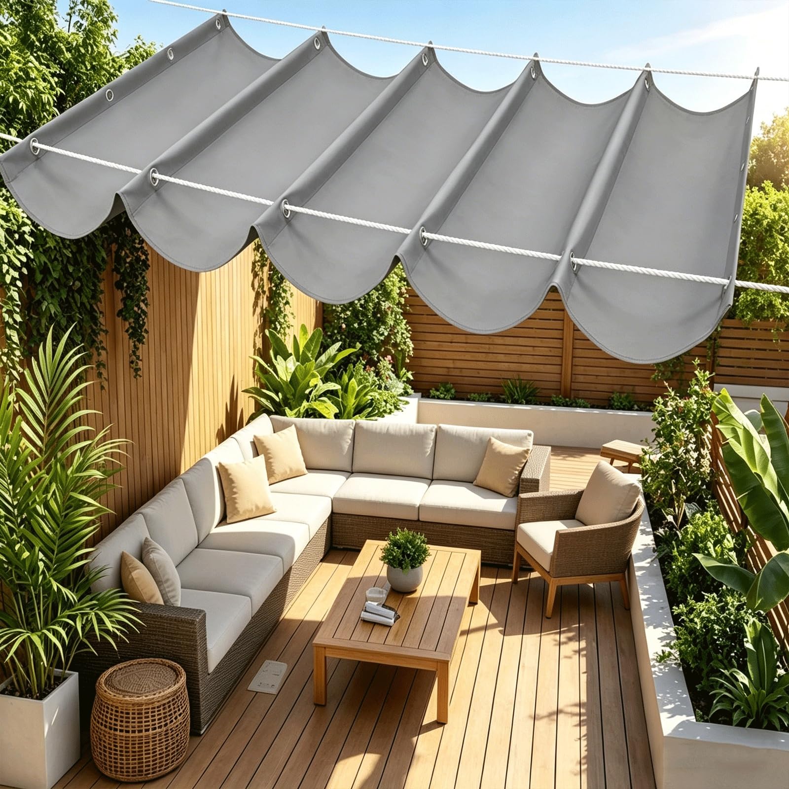 Toile-Ombrage Rétractable Vague 300 x 1600 cm Imperméable Anti-UV Résistante Aux Intempéries Voile d'ombrage Imperméable Rectangulaire pour Pergola Serre Pet House Clôture, Gris Clair