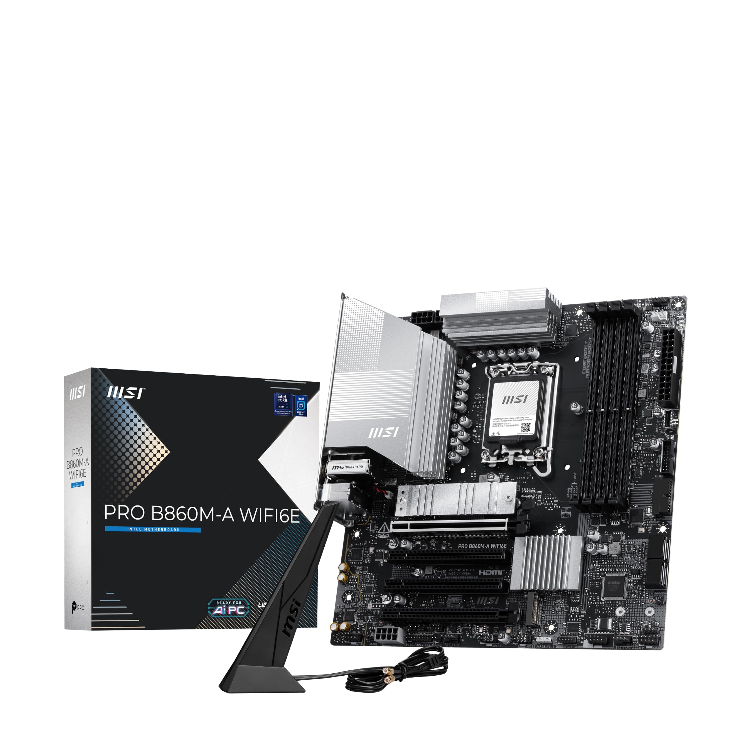 MSI Scheda madre PRO B860M-A WIFI6E, mATX, supporta processori Intel Core Ultra (serie 2), LGA 1851-12 DRPS, DDR5 Memory Boost (8800+ MT/s OC), PCIe 5.0 x16 e 4.0 x16, M.2 Gen5, Wi-Fi 7, LAN 5G