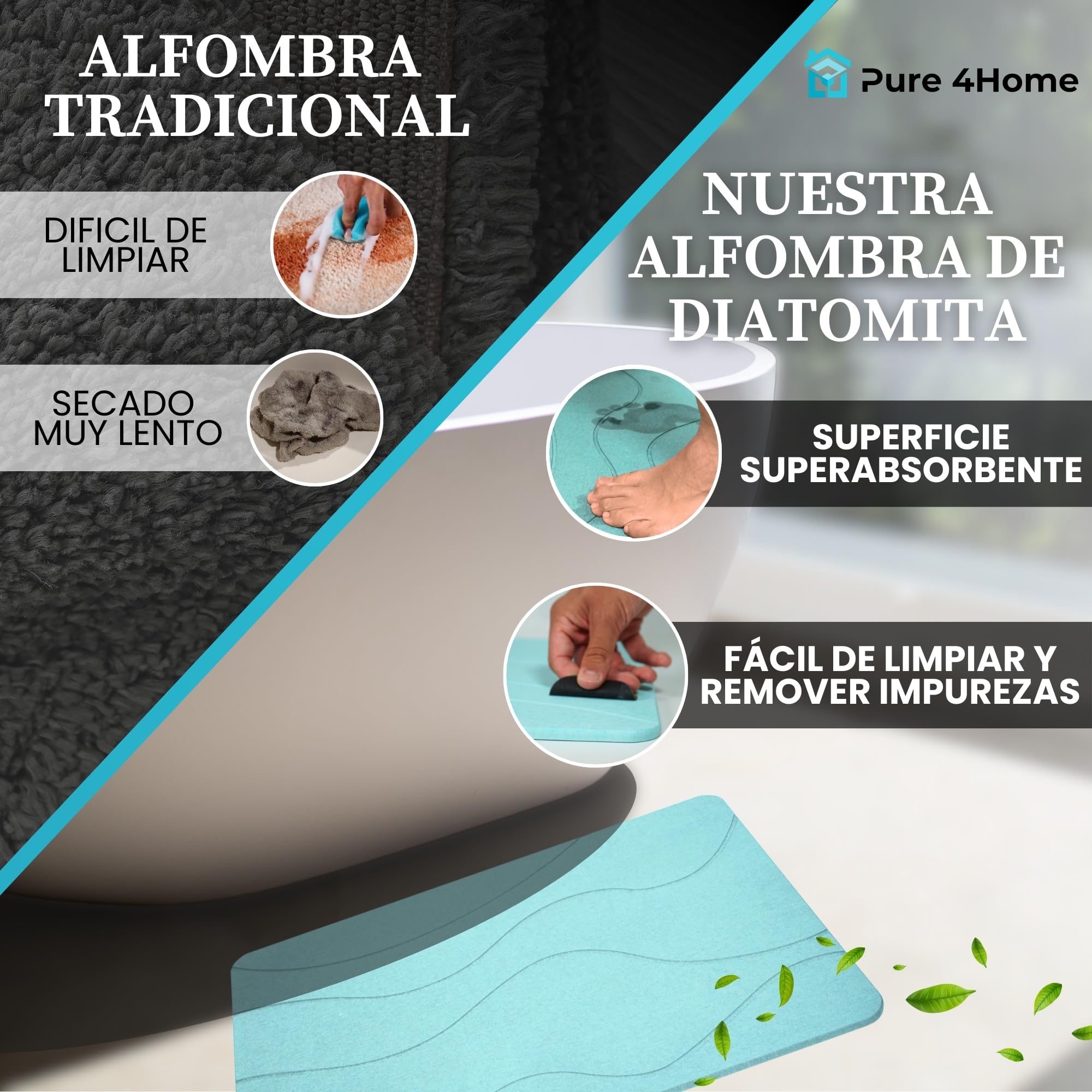 Magic Stone Ivoorsteen badmat, diatomeeënaarde douchemat, antislip, super absorberende sneldrogende badkamervloermat, natuurlijk, gemakkelijk schoon te maken (58,4 x 39,4 cm