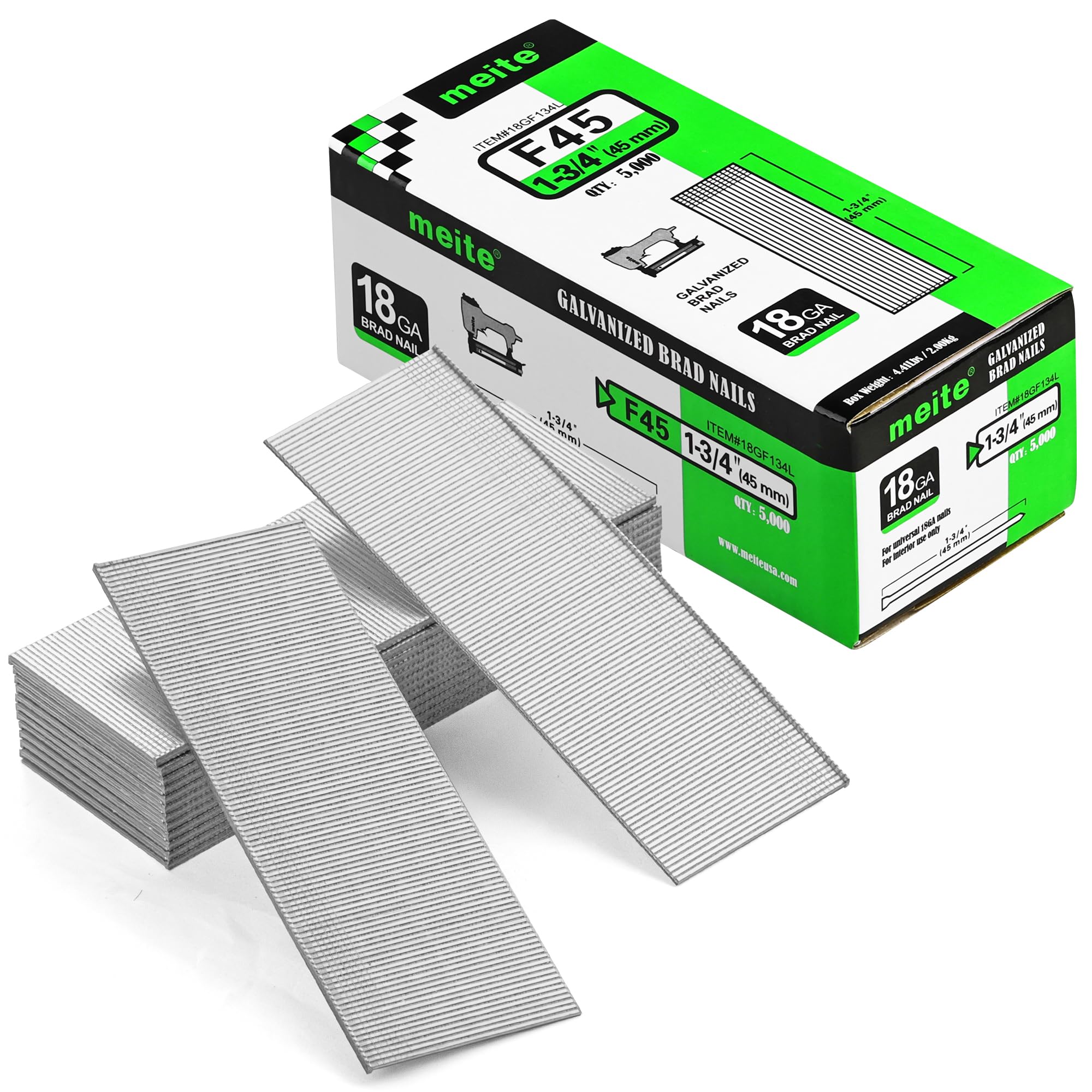 meite 1-3/4-Inch Brad Nails, 18 Gauge 1-3/4 Inch Galvanized Straight Nail for Pneumatic, Electric Brad Nailer Gun (1 Case -8 Boxes)