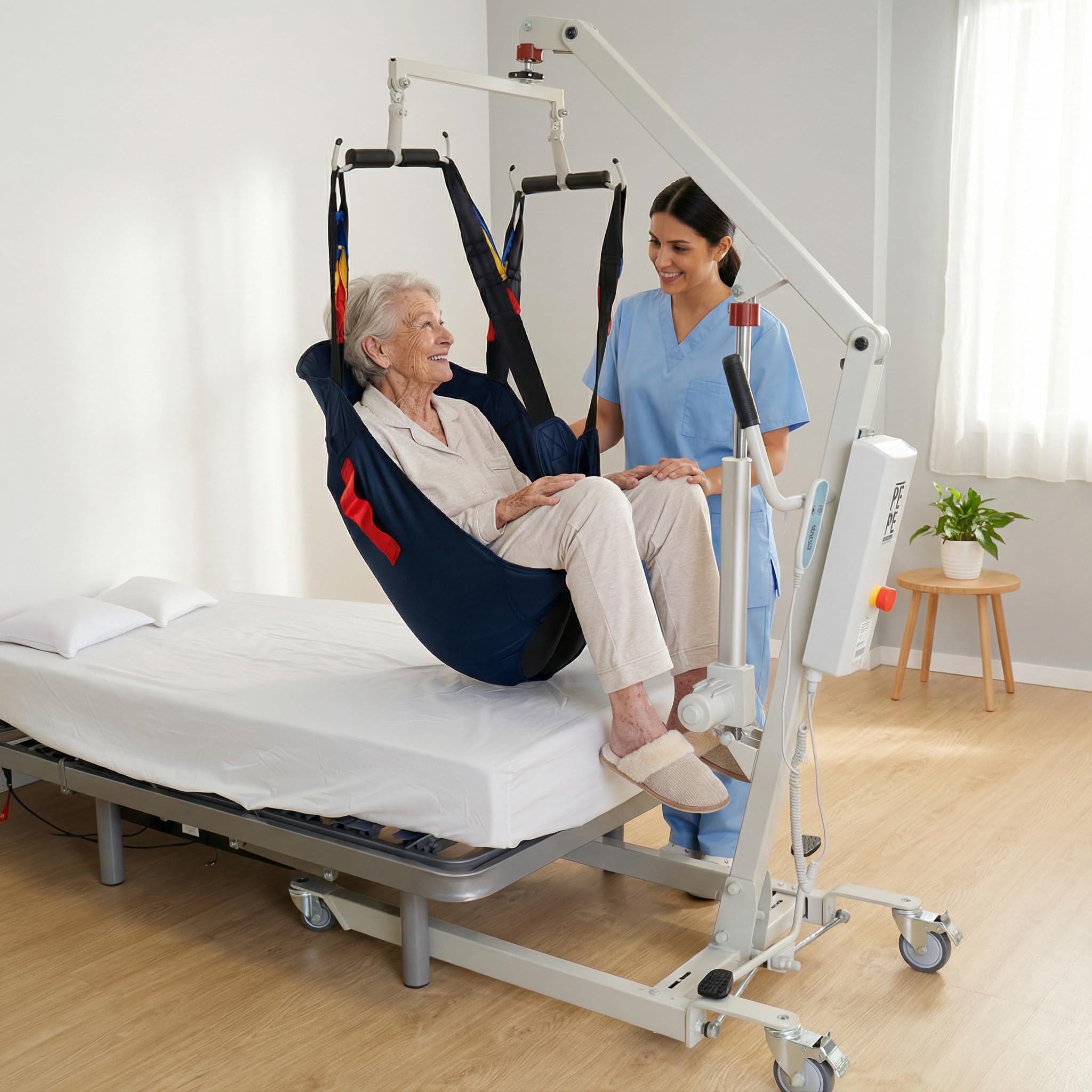 PEPE Mobility Grúa para Personas Mayores Eléctrica (hasta 150 kg), Arnés de Transferencia Incluido, Ancho Ajustable, Ruedas con Bloqueo Seguridad