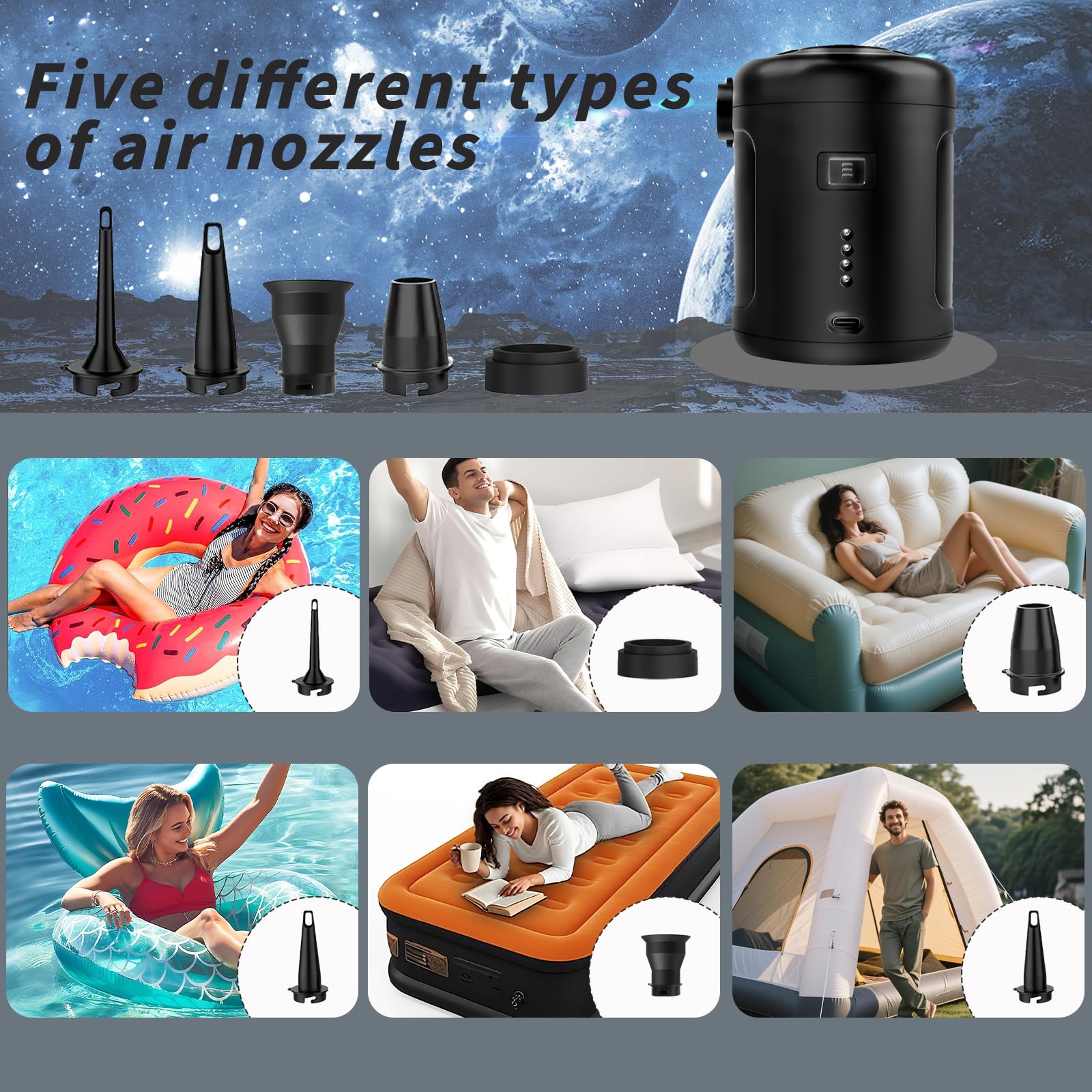 Pompa Elettrica 6000mAh, XiXiRan Mini Pompa Gonfia Materassino Ricaricabile con 5 Ugelli, Pompa Materasso Gonfiabile Portatile può Essere Rapida per Gonfiare e Sgonfiare per Materasso/Piscina