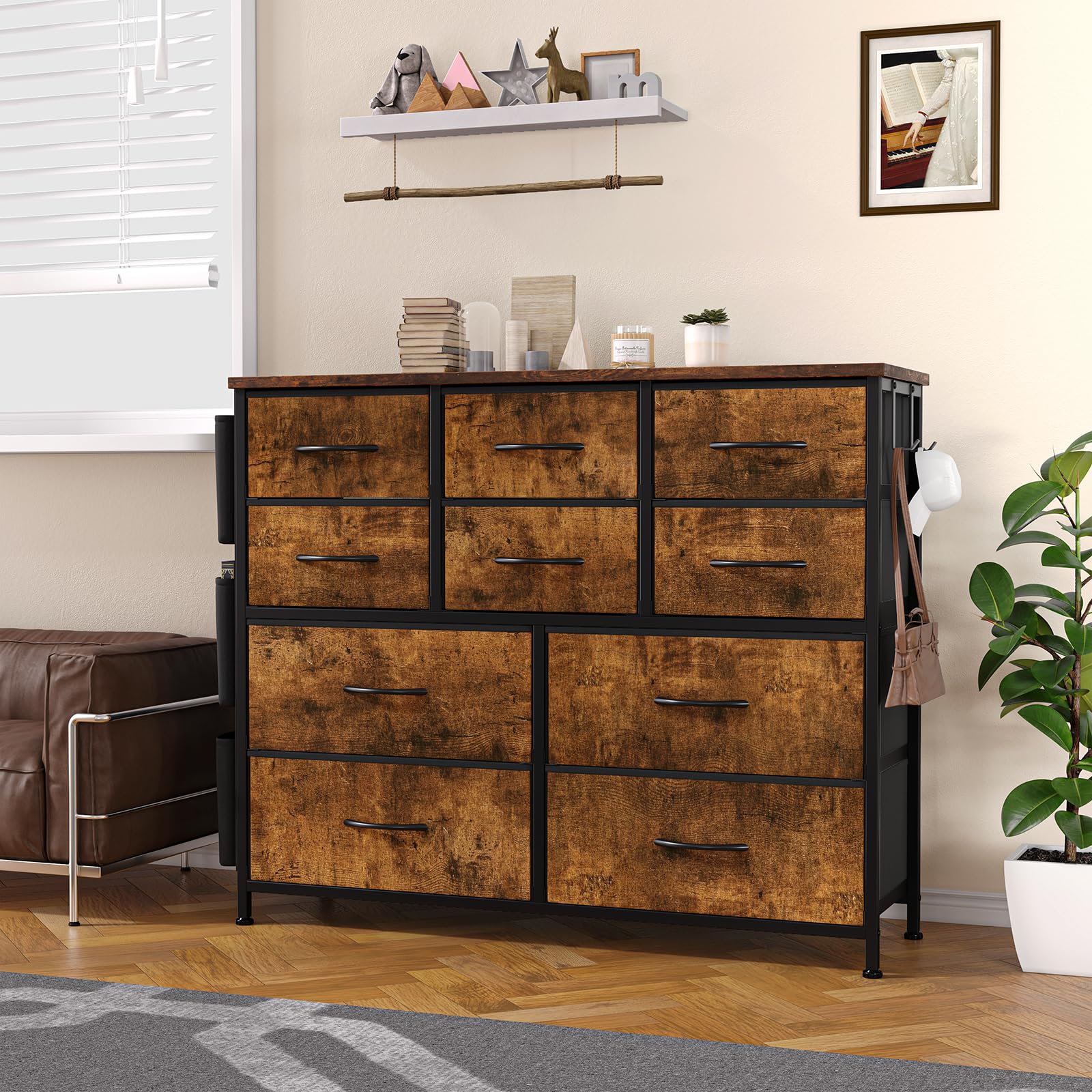 GarveeLife Cajonera Almacenaje 10 Cajones,Vintage Negro | Amplio mueble almacenaje con 10 cajones de tela suave, para ropa, accesorios y objetos domésticos 99×30×100 cm