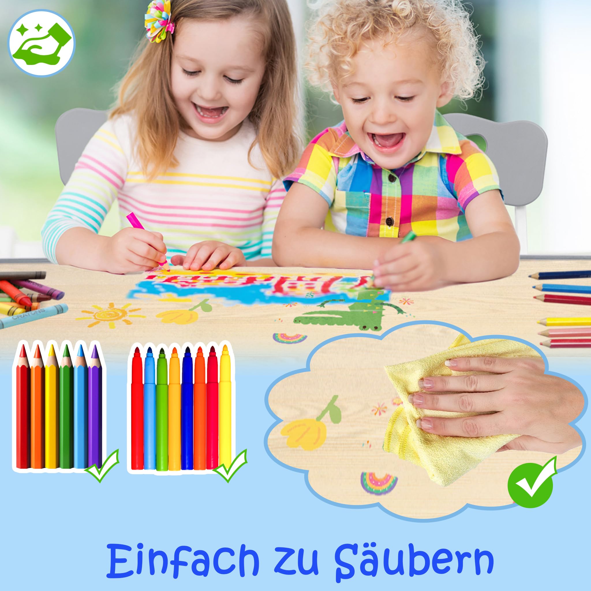 FIVMEN Tavolo per bambini con 2 sedie, set da tavolo per bambini, regolabile in altezza, 3 pezzi, in plastica, per cameretta dei bambini, da 2 anni, 80 x 60 cm