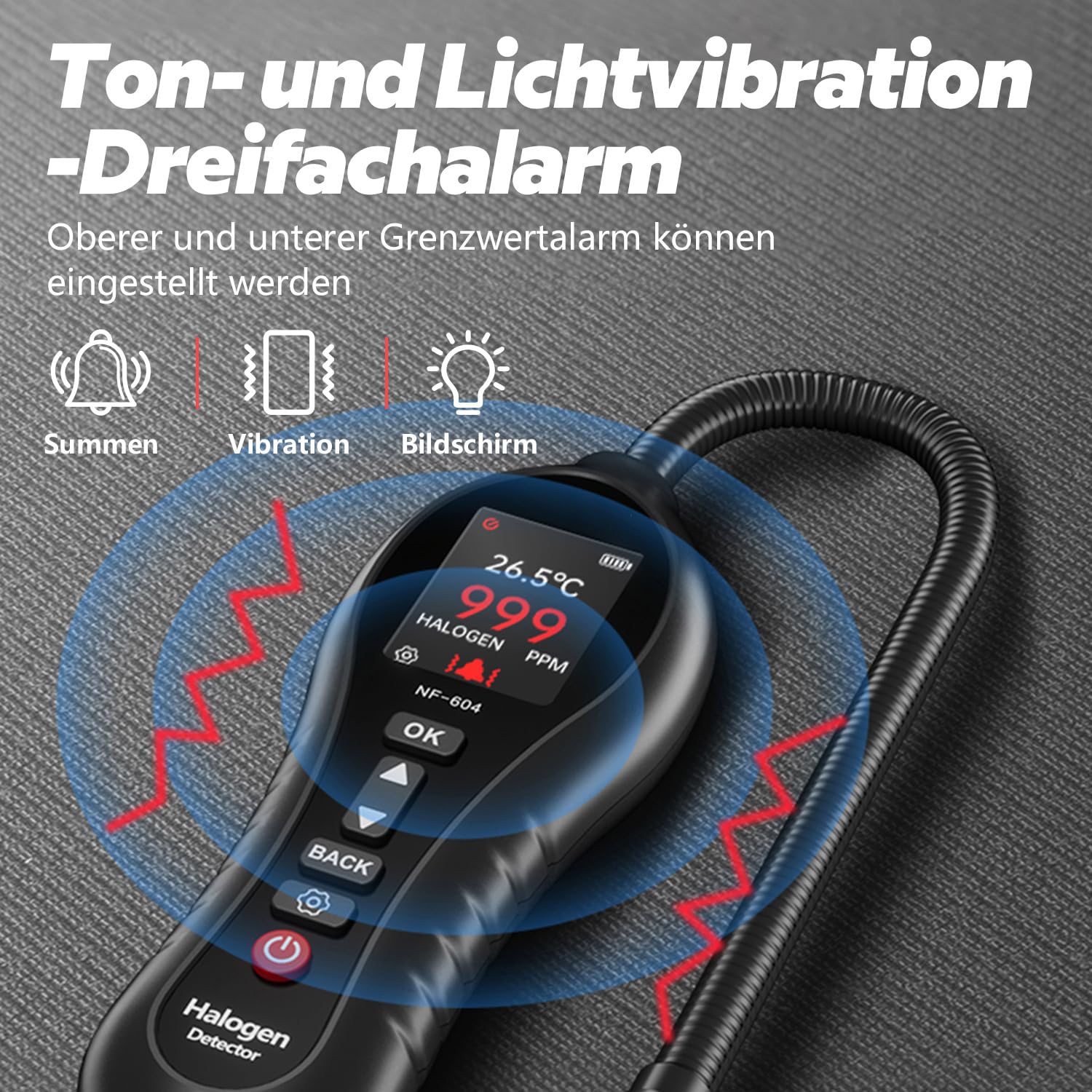 Halogendetektor Halogen Gas Detektor Klimaanlage Kältemittel Leck Detektor, 0-1000ppm Halogen Freon Leck Detektor HVAC CFCs HCFCs HFCS R12 R22 R134a R410a mit 25cm Sonde für Gaslecks