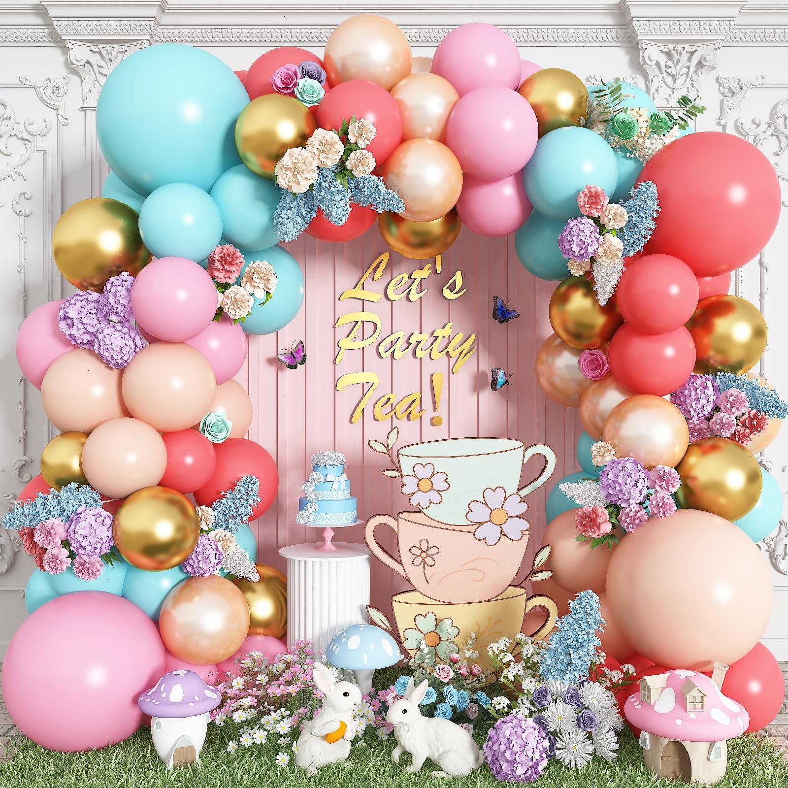 Pastel Balloon Garland Arch Kit, Colorful Coral Red Macaron Pink Orange Mint Teal Blue Champagne Metallic Gold Multicolor Latex Balloons Arch for Girls Birthday Wedding Baby Shower Party Decorations