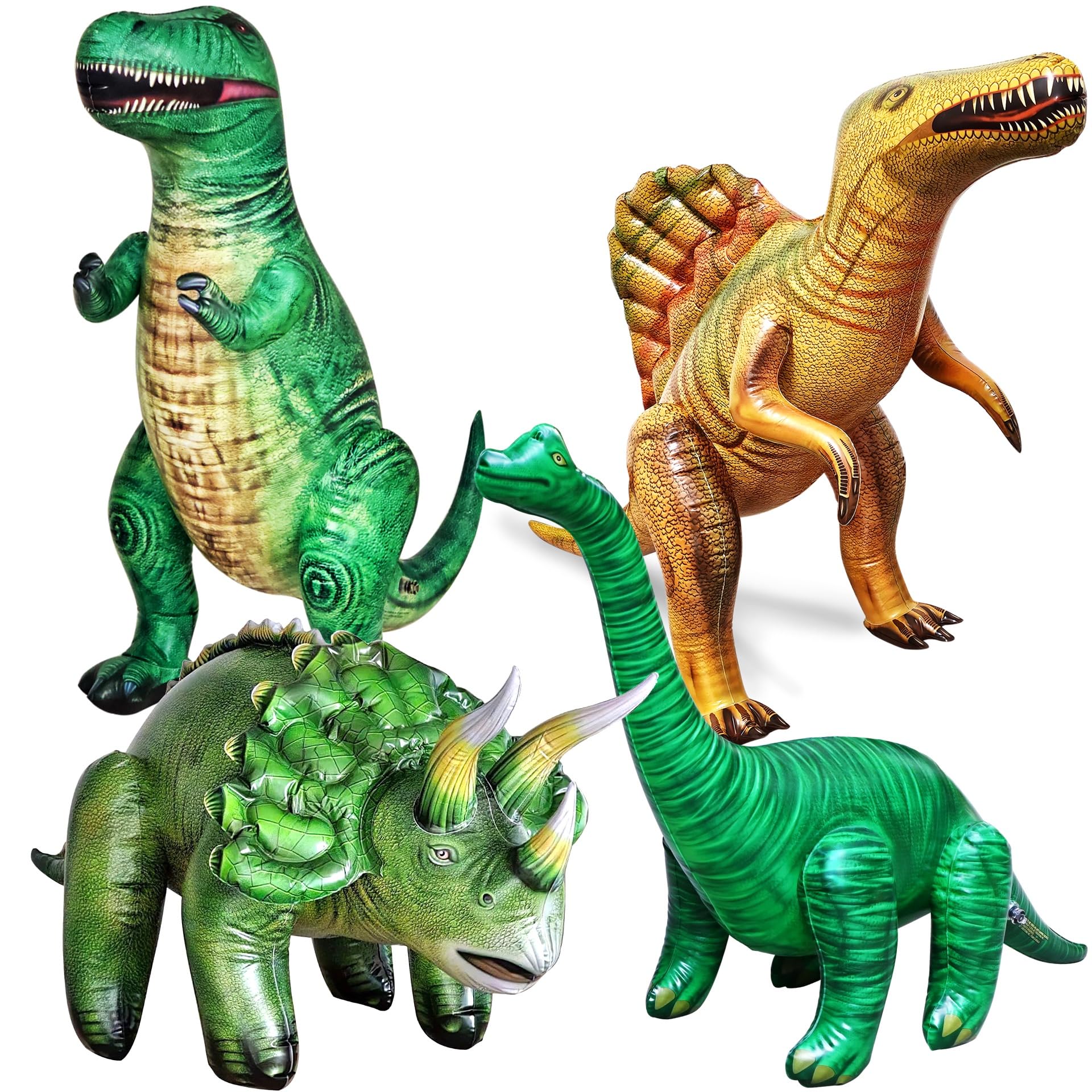 Jet Creations 4-pk Inflatable Dinosaurs Combo, T-rex Brachiosaurus, Spinosaurus, Triceratops. Great for Pool, Party Decoration. Size Range Approx. 37 to 53 inch, Multicolor