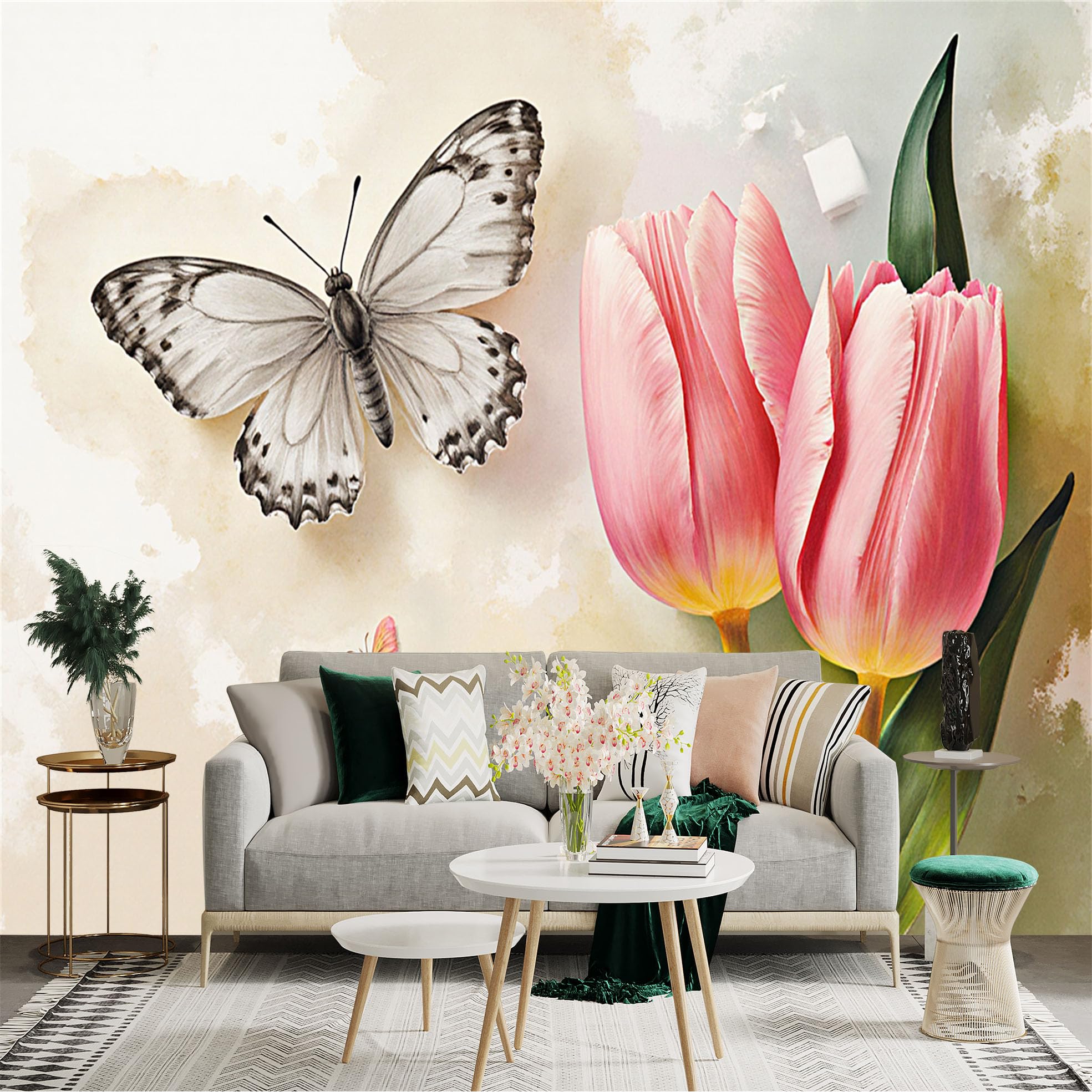Custom Size Wall Sticker Mural， Elegant Pink Tulips with Black and White Butterfly， Soft Watercolor Background， for wall Decoration， peelandstick wall Decals.
