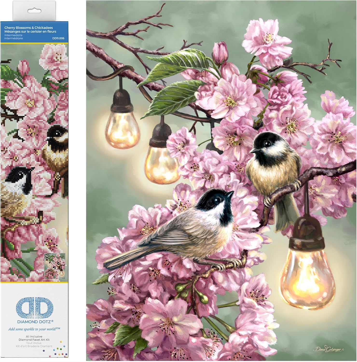 DIAMOND DOTZ Cherry Blossoms & Chickadees Art Craft Kit, Partial Drill Round Dotz for Adults