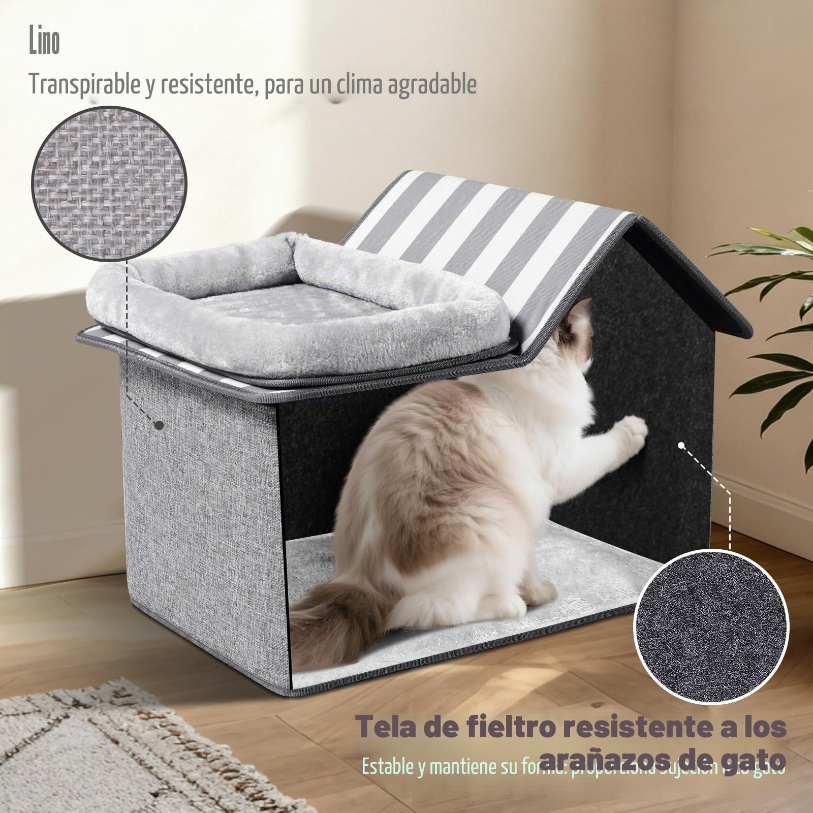 Zvonema Casa para gatos, 2 pisos, cueva de fieltro, protección de las uñas de los gatos, estable casa para gatos interior con cojín suave y lavable, cama plegable para mascotas pequeñas y medianas, 57