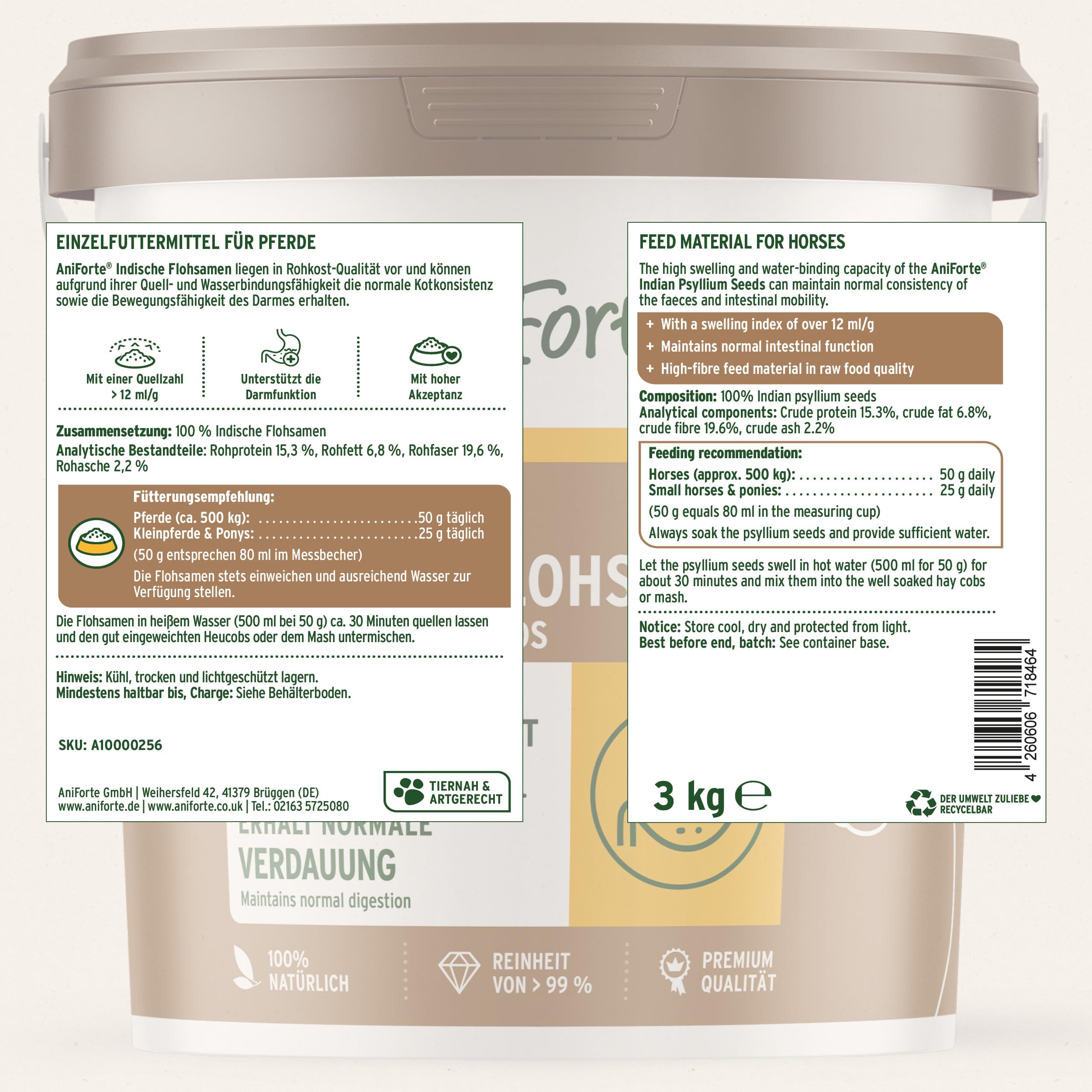AniForte Flohsamen Pferd 3kg – Indische Flohsamenschalen & Psyllium bei Kotwasser, Sandkoliken & Verstopfung, für Darmreinigung & Verdauung, optimiert Kotbeschaffenheit, Rohkost-Qualität