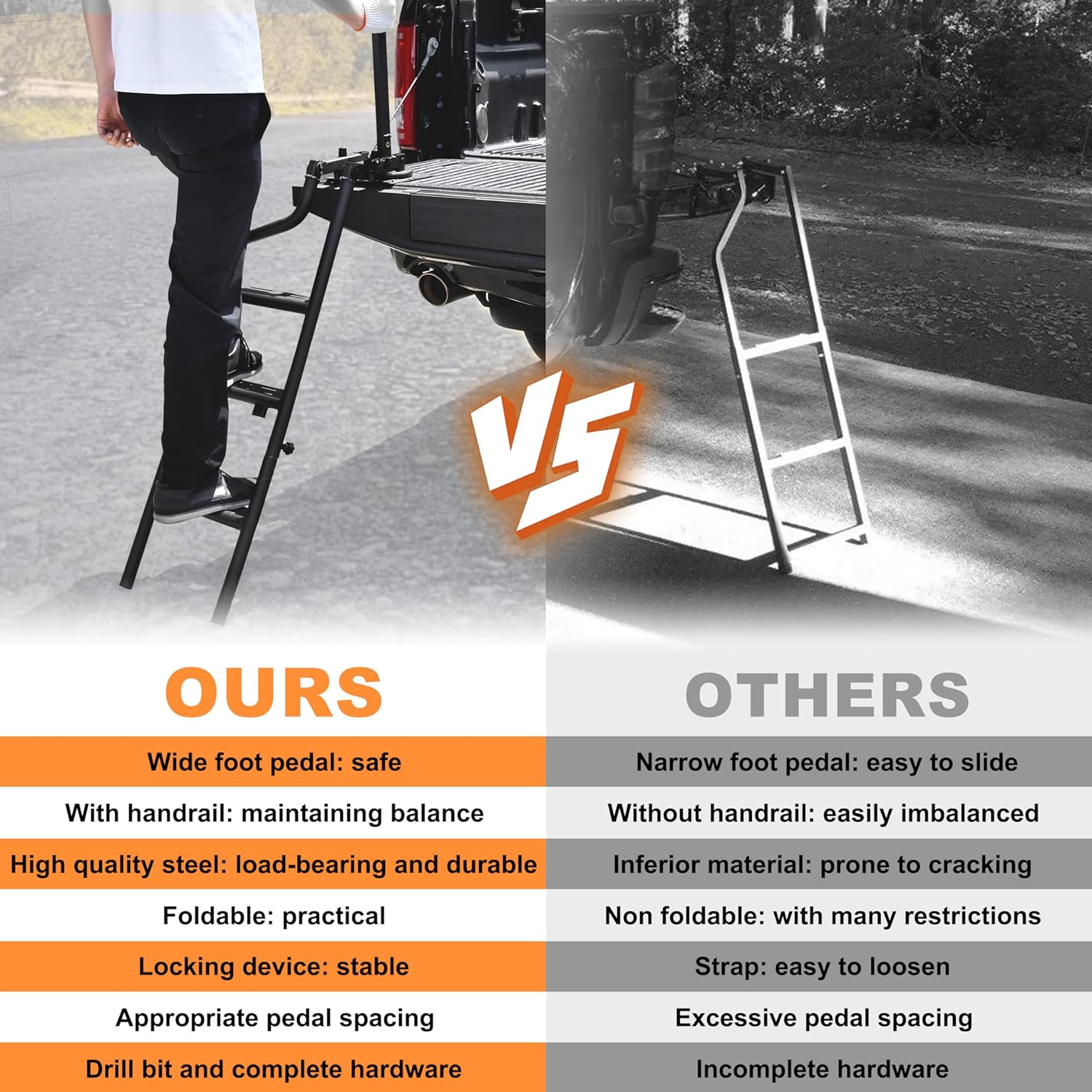 42'' Universal Tailgate Ladder for Pickup Truck, Heavy Duty Foldable Rotatable Pickup Truck Bed Tailgate Step with Handrail Wide Pedal Lock Device (for F150/Raptor/Ranger/Tacoma/Ram1500...)