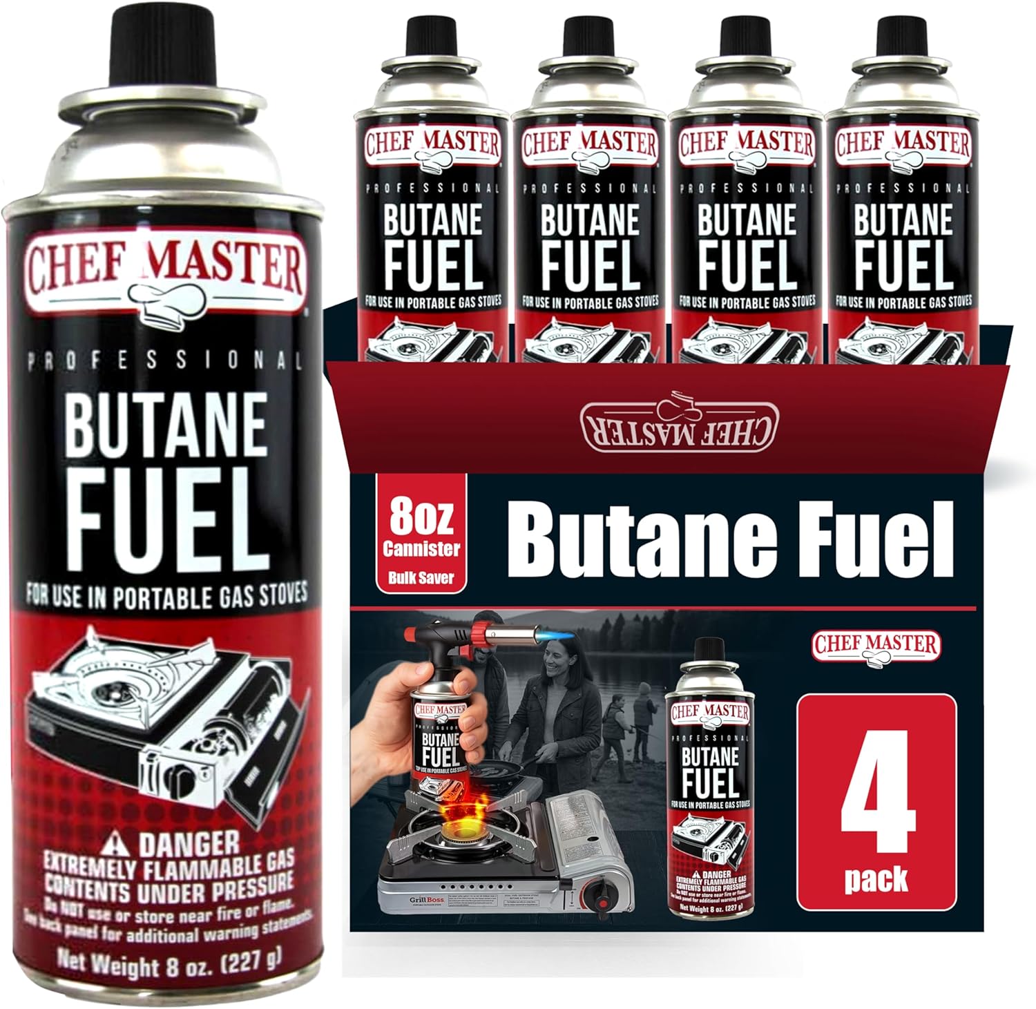 Chef Master 4x 8oz Butane Fuel Canister – Butane Refill for Kitchen Torch & Camp Stove – Gas Canister for Picnics, Outdoor Cooking, Grilling – Camping Stove, Torch Fuel Camping Essentials – 90340 Chef Master 4x 8oz Butane Fuel Canister – Butane Refill for Kitchen Torch & Camp Stove – Gas Canister for Picnics, Outdoor Cooking, Grilling – Camping Stove, Torch Fuel Camping Essentials – 90340