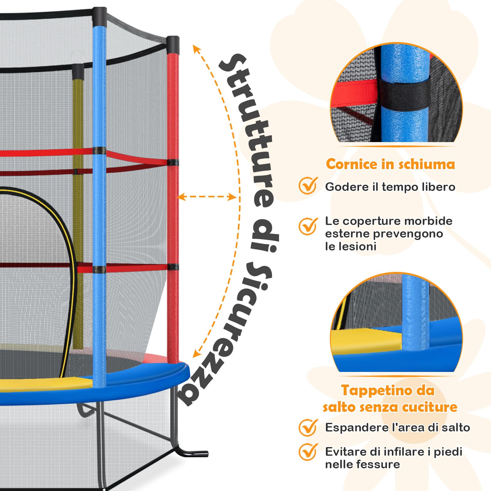 COSTWAY Trampolino Elastico Bambino in Acciaio, Tappeto Elastico Bambini da Esterno e da Interno, con Rete e Cusicnetti Antiscivolo