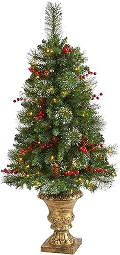 Nearly Natural Árbol de Navidad artificial de pino, piña y bayas de 4 pies con 100 luces LED transparentes en urna decorativa