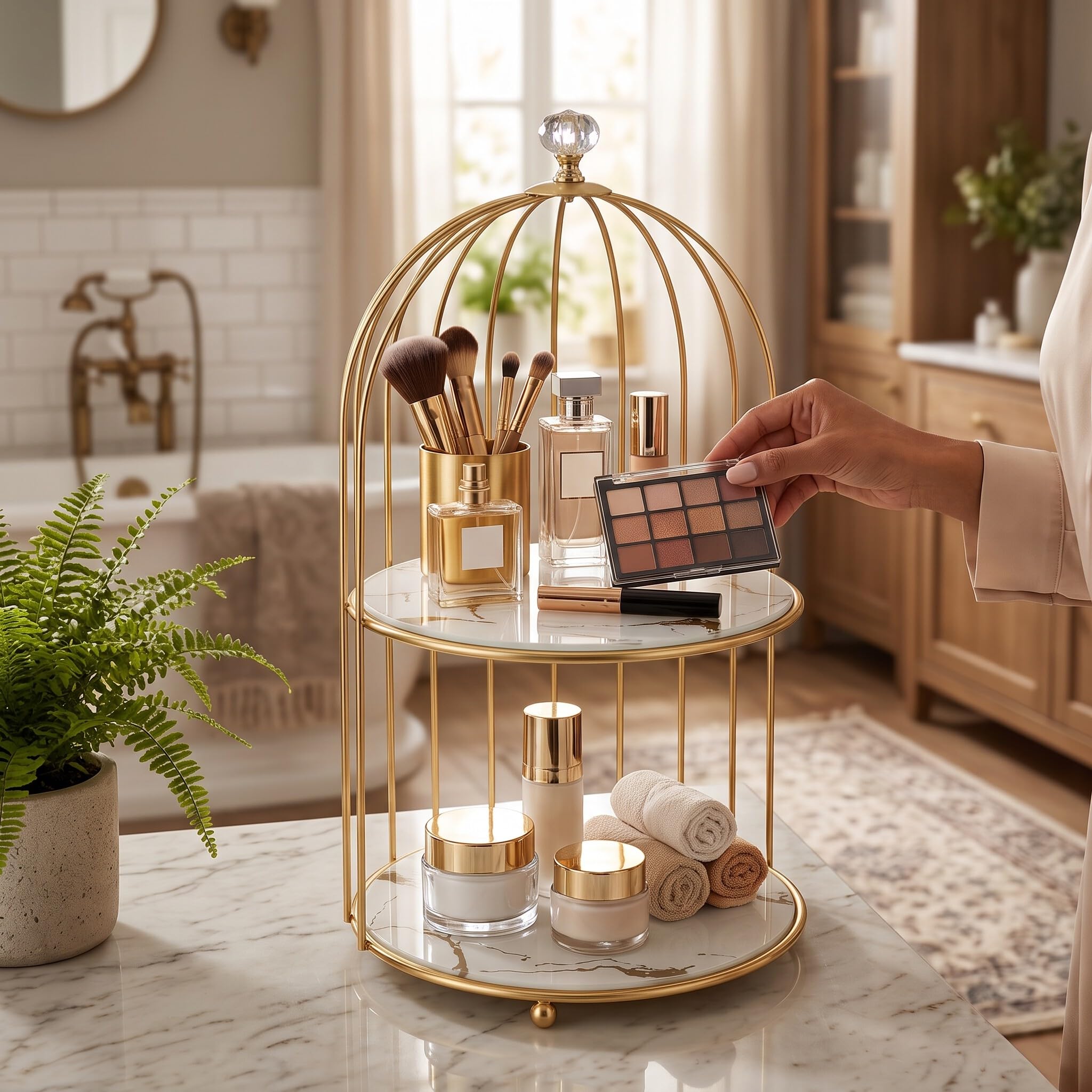 HEEPDD Parfüm-Ausstellungsständer, Parfüm-Ausstellungsständer, Goldenes Eisen-Kosmetik-Aufbewahrungsregal, Vielseitiger Doppellagiger Organizer für Make-up und Schmuck, Perfekt für Badezimmer und