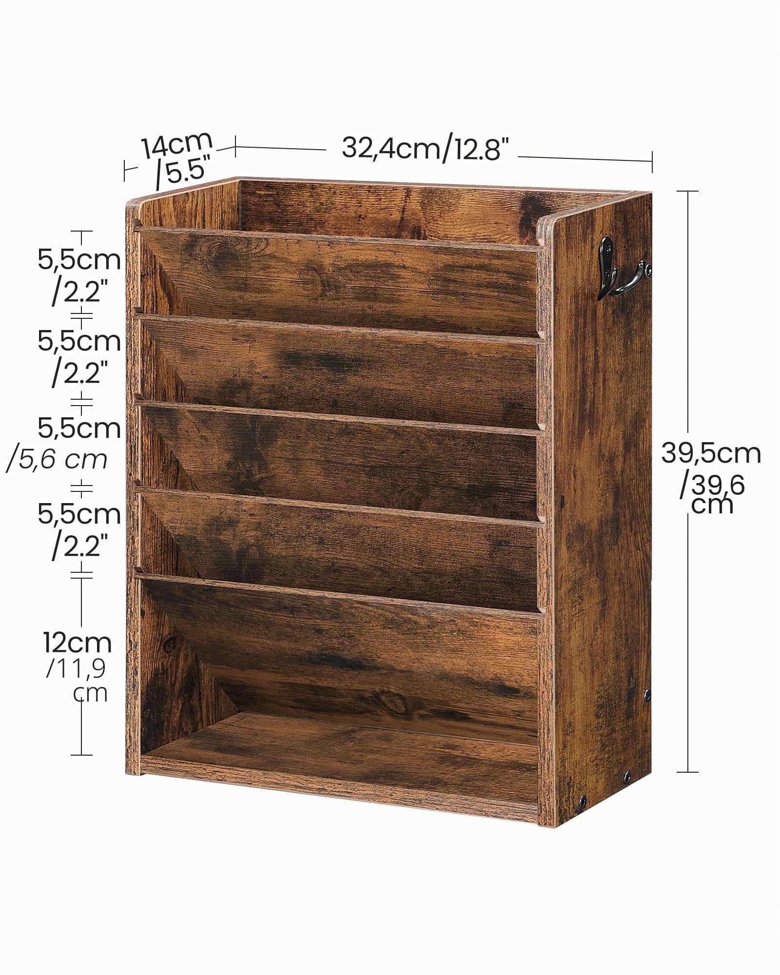 CHOEZON Zeitungshalter Wand, Wandorganizer aus Holzwerkstoff, Wandmontierter Ordner-Organisator, 6-stufiges Dokumentenregal, mit 2 Haken, für das Home Office, Rustikales Braun DMWJ01FG