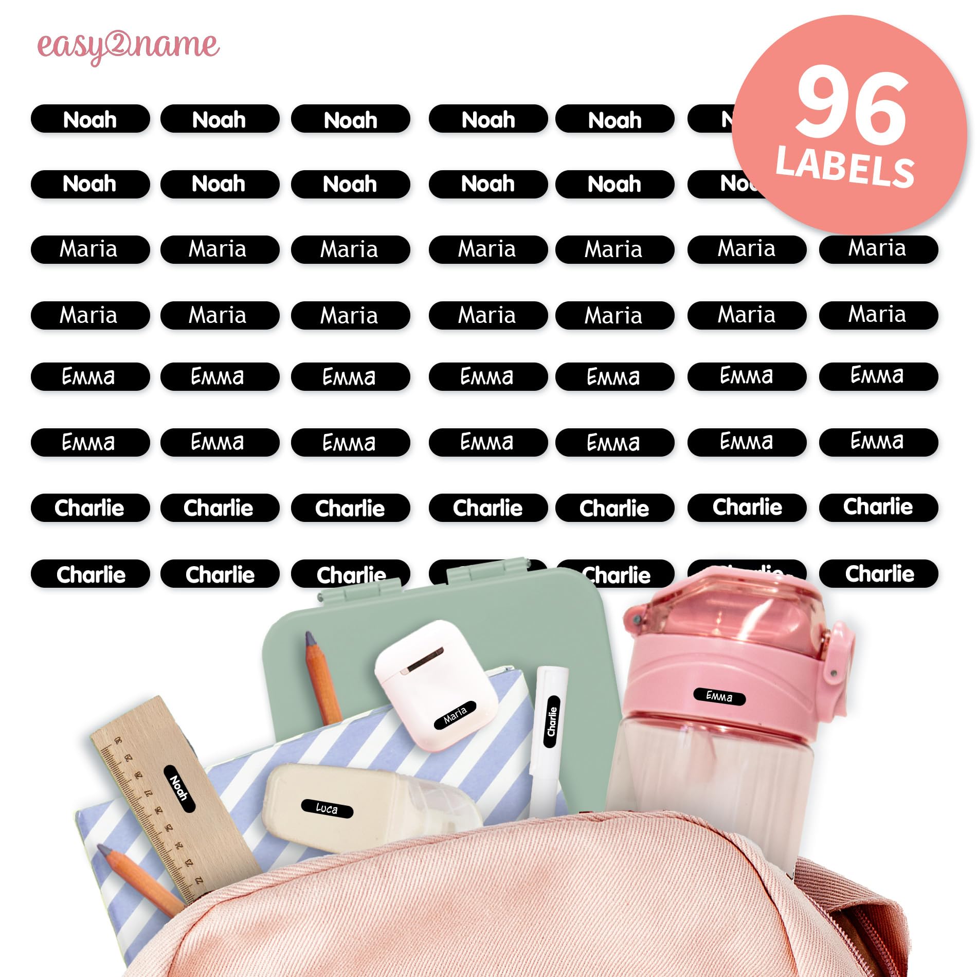 Easy2Name - Personalised mini XS Name Labels - Waterproof Name Stickers for Children and Adults - Ideal as Name Stickers in The Office, Workshop or School - 20x4mm - Coloured (Black, 96)