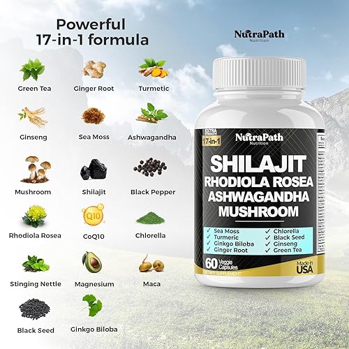 Miniatura 3 de Matriz fúlvica 17 en 1 Shilajit, Ashwagandha, musgo marino, hongos y clorella, y más - Cápsulas vegetales (60 cápsulas)