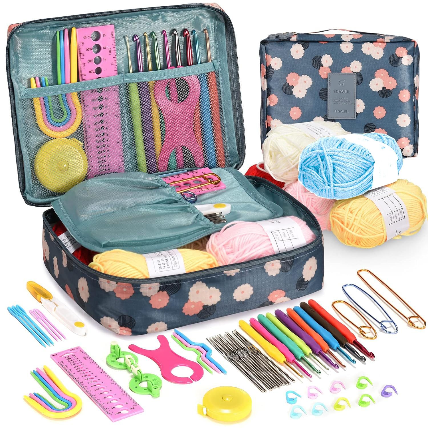 Gemsy® Premium 108Pcs Crochet Needle Kit For Adults – Crochet Set With Yarn, Needles, Hooks, Tools, Accessories & Storage Bag – Ideal DIY Crochet Kit for Beginners for Crafting, Blanket Making, Sweater Projects & More(Random Colour Bag)
