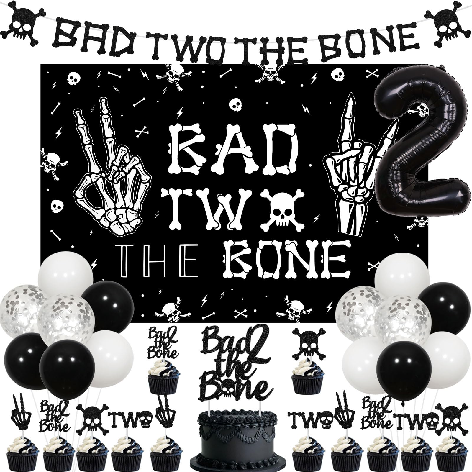 Kreatwow Bad Two The Bone Birthday Decorations Bad 2 The Bone Backdrop Music Themed 2nd Birthday Decorations with Bad Two The Bone Banner Halloween
