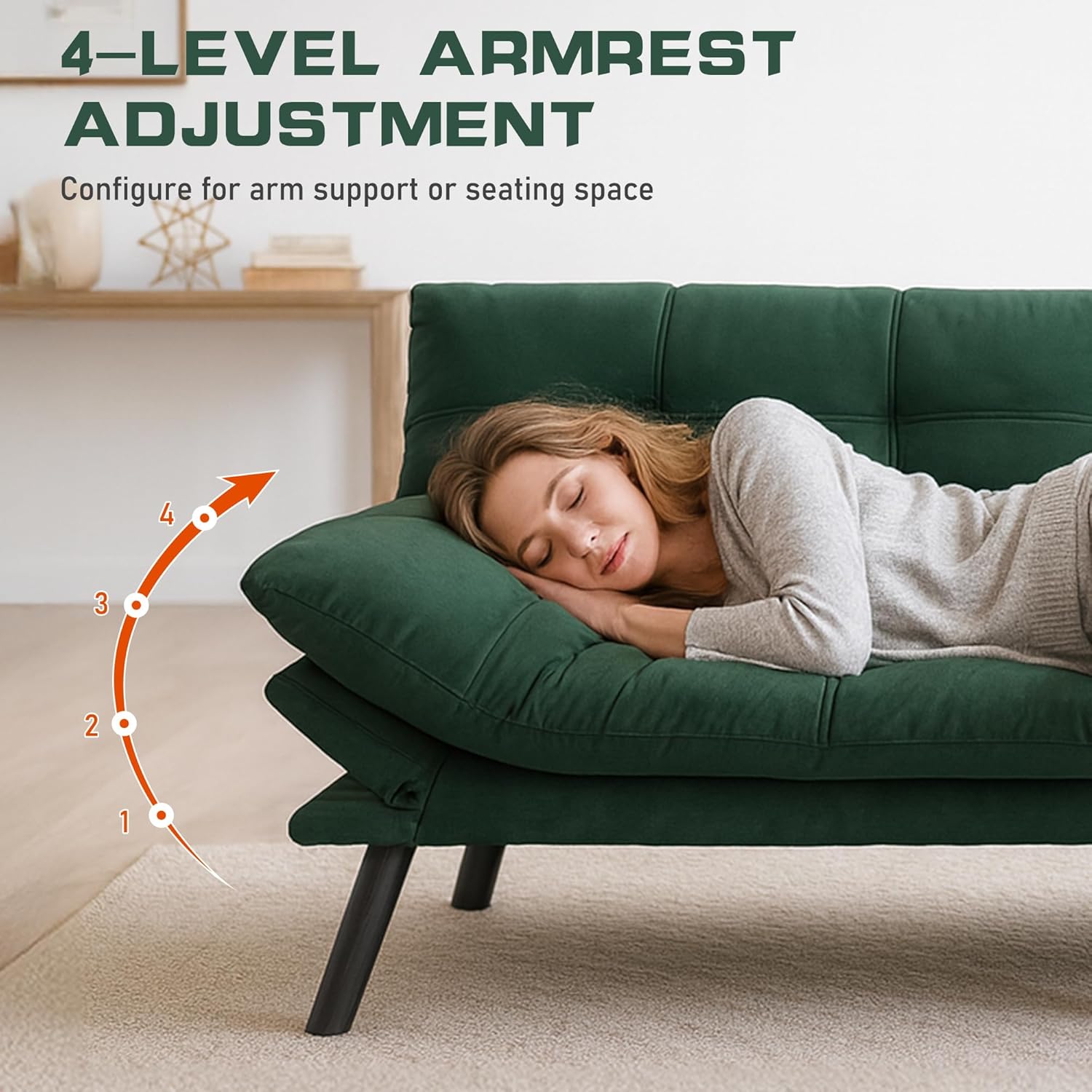 Futon Sofa Bed,Convertible Sleeper Sofa,71" Folding Futon Couch for Living Room Home Office Aprtment,Modern Loveseat Sleeper with Adjustable Backrest & Armrests,Detachable Cushion,Velvet Fabric,Green