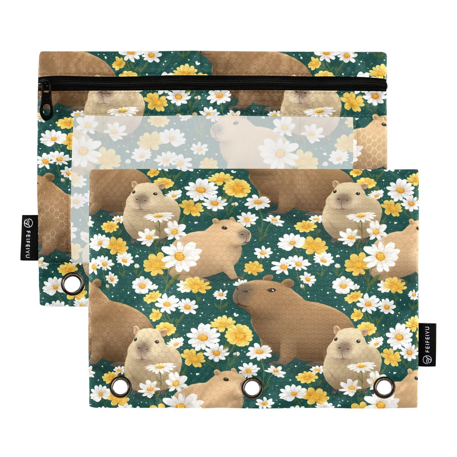 SUABO Daisy Capibala Pattern Pencil Pouch for 3 Ring Binder, 2 PCS Binder Pencil Pouch with Zipper, Clear Window Zipper Pencil Case Pencil Bags for