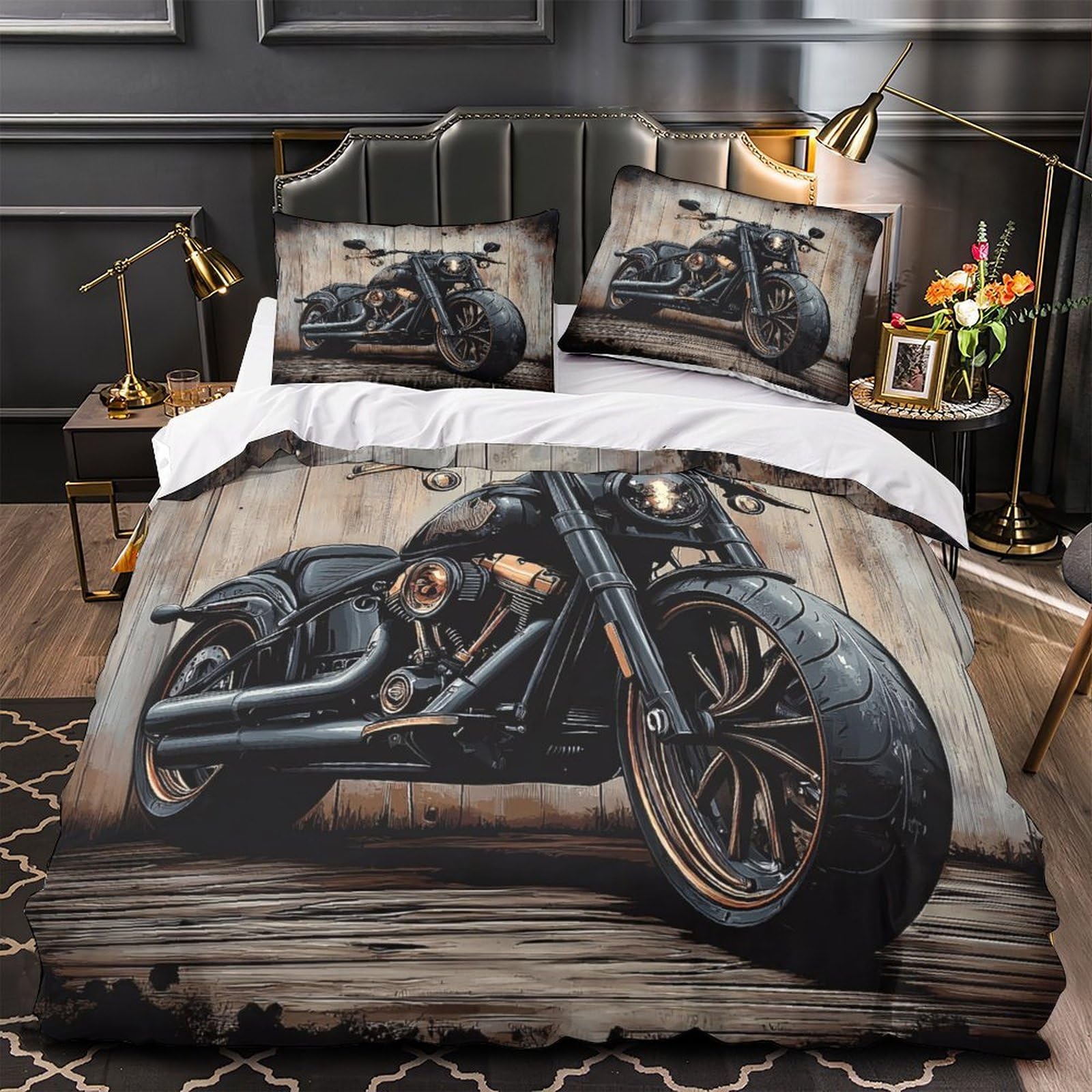 Housse de couette moto 3D 200x200cm avec 2 taies d'oreiller en microfibre pour lit double