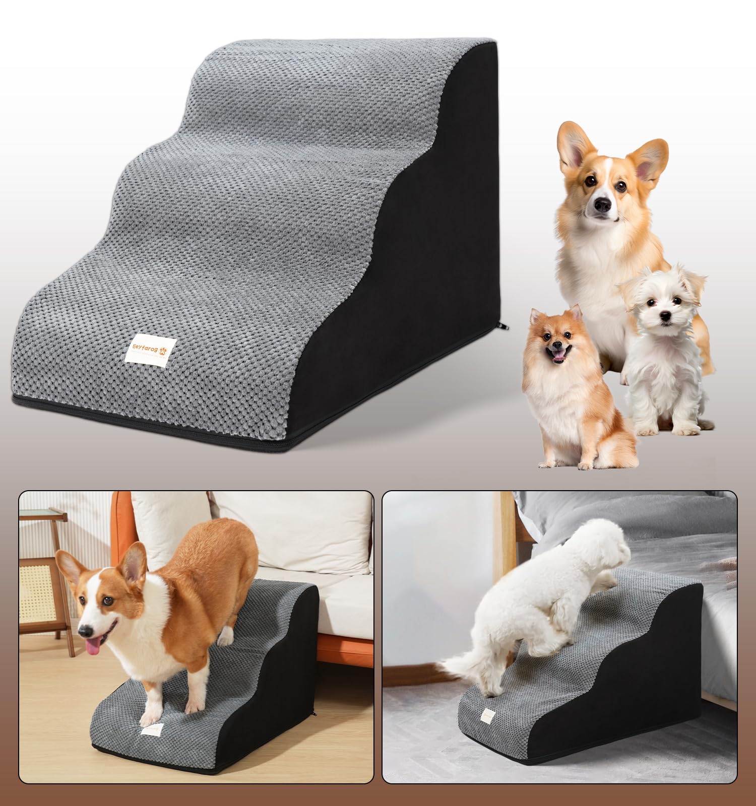 Scala Per Animali Domestici Per Cani Di Taglia Piccola, Altezza 40 Cm, Rampa Per Cani, In Spugna Ad Alta Densità, 3 Gradini, Per Divano, Letto, Rimovibile, Lavabile E Fondo Antiscivolo