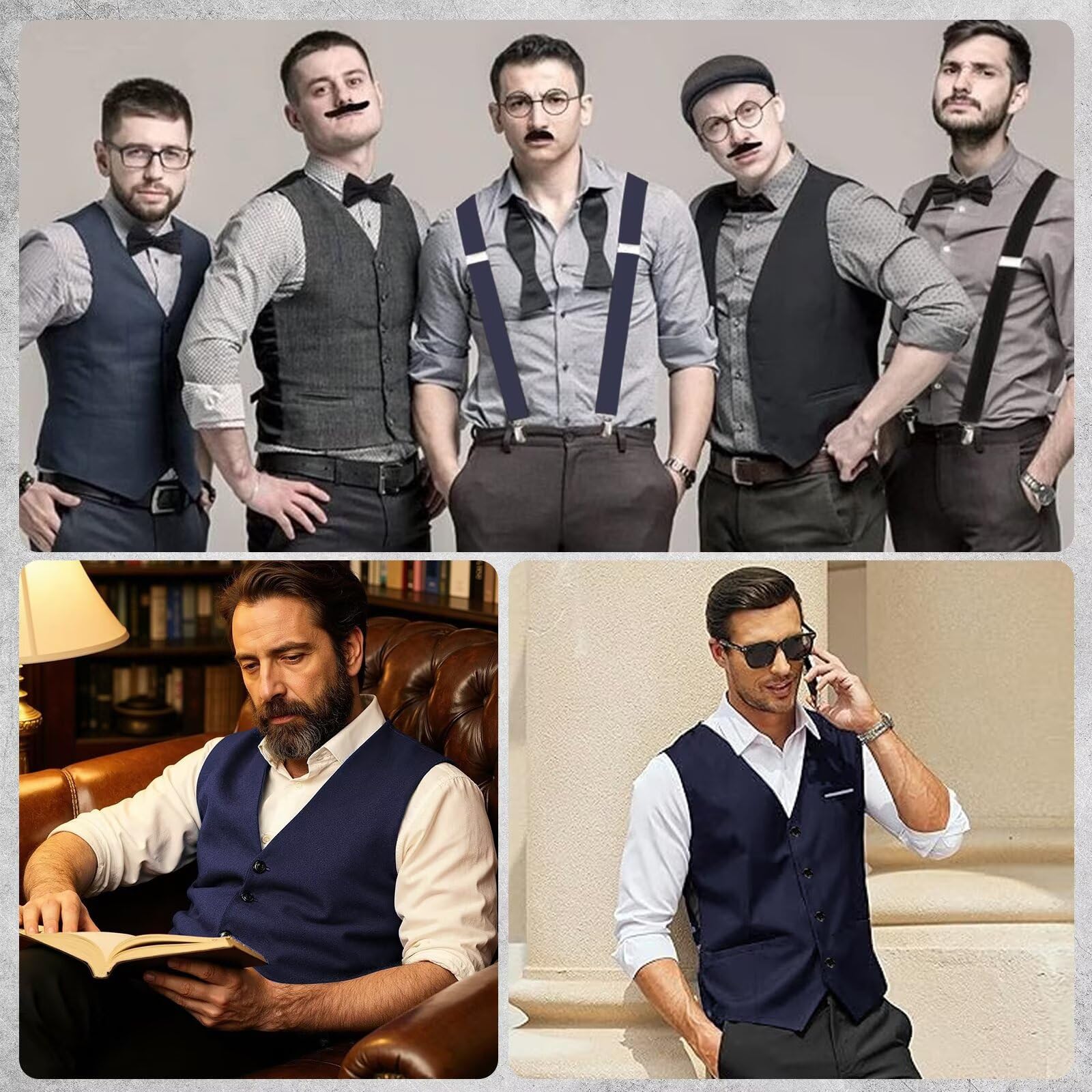 Luckyou Costume Homme Année 20 Costume Gatsby Homme Accessoires avec Cravate Moustache Montre Déguisements Gatsby Annee 20 pour Cosplay Carnaval Halloween de Fête-Black-L