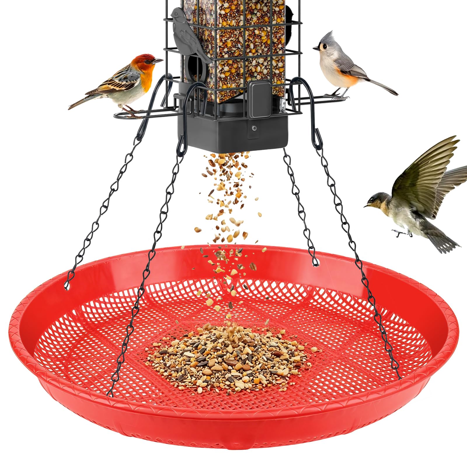 Bird Seed Catcher Tray, 37cm Hanging Bird Feeder Tray to Catch Seed, Plastic Large Mesh Seed Catcher Tray Attachment for Garden, Red