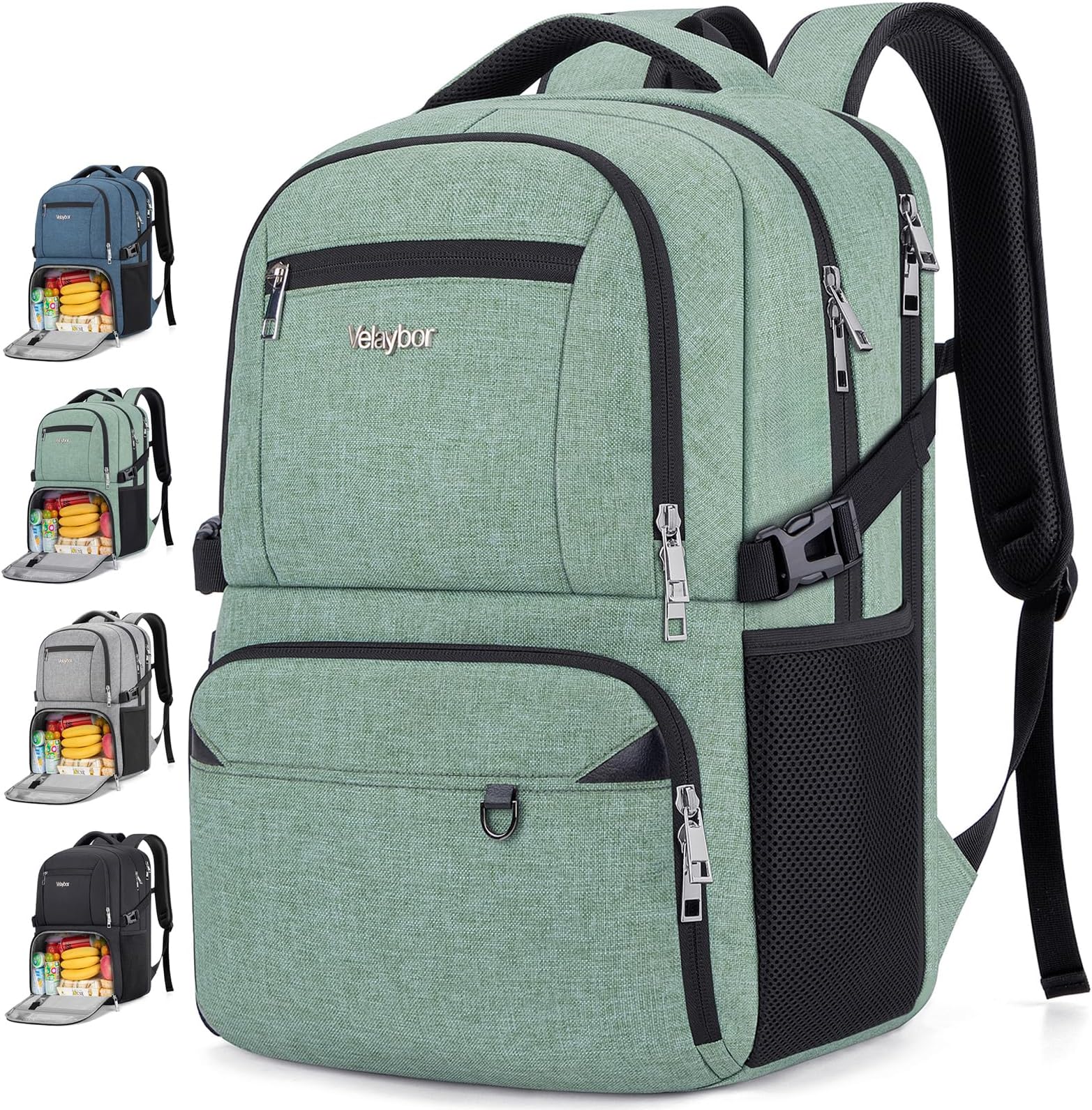 Insulated Lunch Backpack Fit 17" Laptop, Work Backpack with Lunch Box & USB Charging Port for Men Women, Water Resistant College Computer Bag for Travel, Business, Hiking (Green)