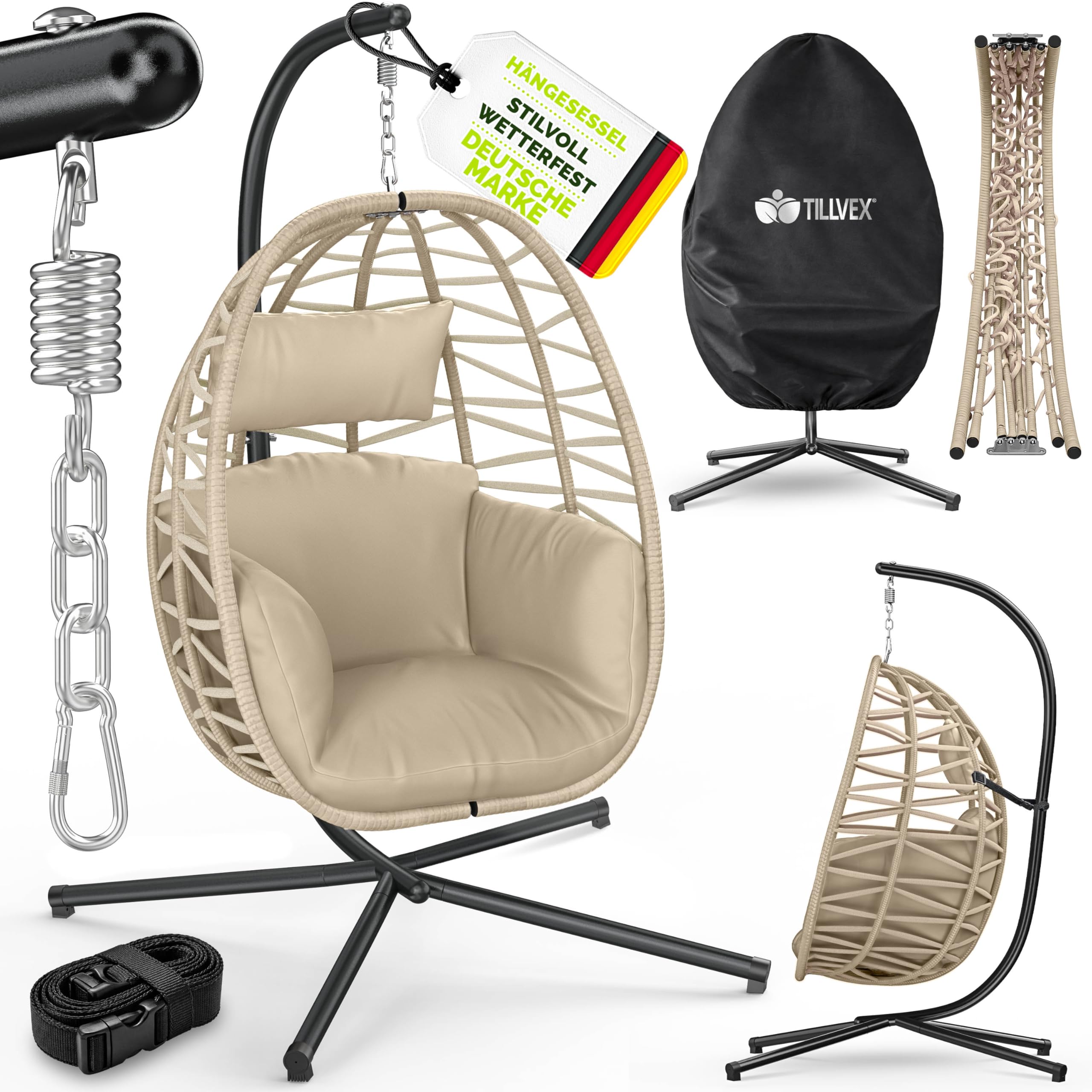 tillvex® Hängesessel mit Gestell Outdoor & wetterfester Abdeckung inkl. Befestigung | Hängekorb klappbar bis 150 kg | Hängesitz aus Rattan | Hängestuhl für Indoor Garten Balkon Terrasse (Taupe)