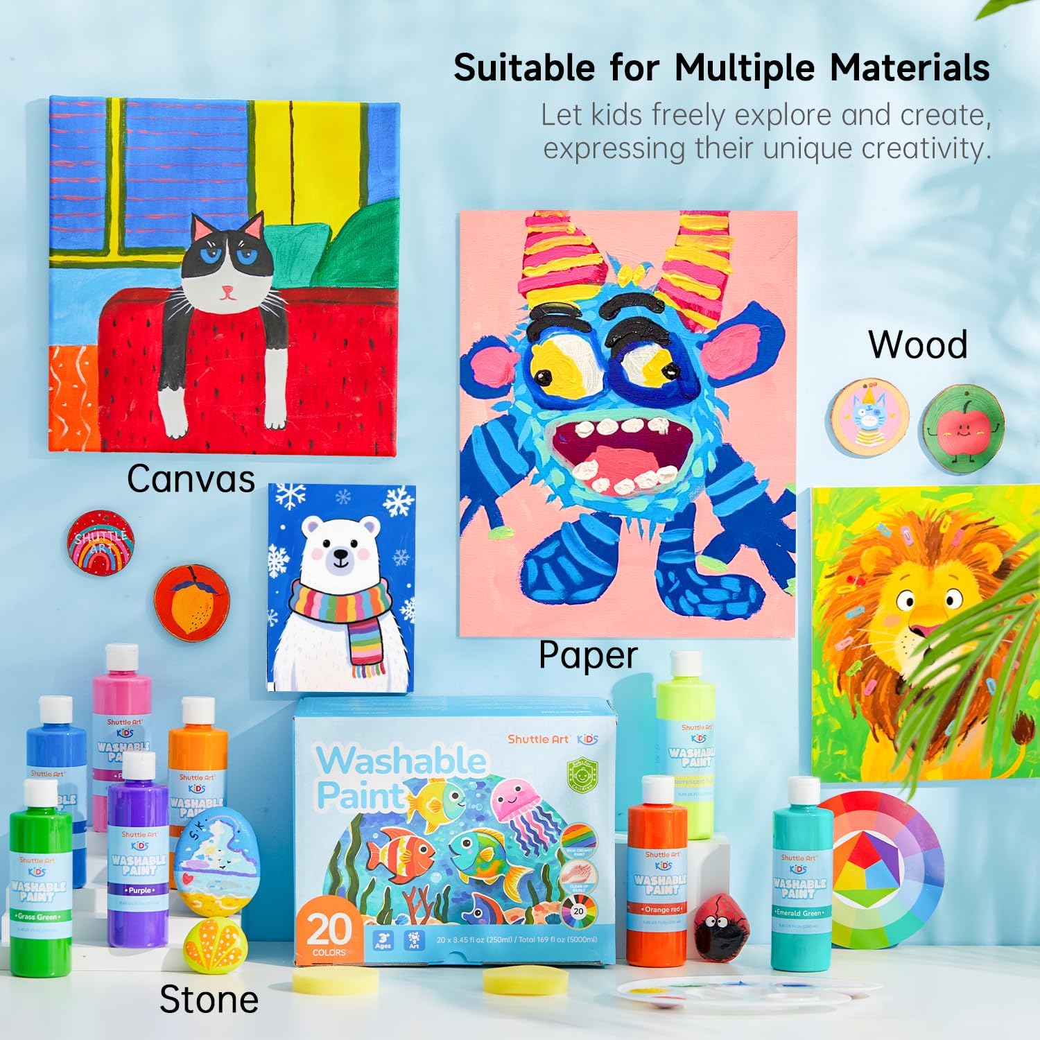 Shuttle Art 20 Farben Abwaschbares Fingerfarben Kinder Ungiftig (je 250ml) | Temperafarbe für Kinder, Fingermalfarbe für Baby Hände & Füße | Handabdruck & Fußabdruck | Papier, Fenster, Basteln