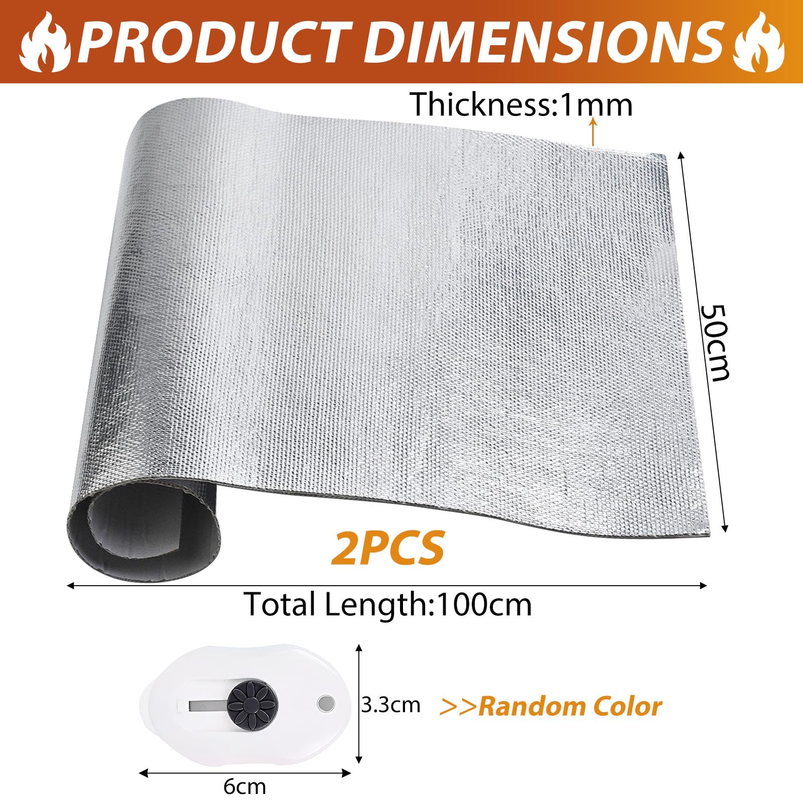 Protector Térmico Aluminizado con Adhesivo Barrera Termica Lámina de Fibra de Vidrio Aluminizada Aislamiento Térmico Aluminio Material Reflectante para Manguera Coche Moto (800℃-2 Pieces-0.5m*1m*1mm)