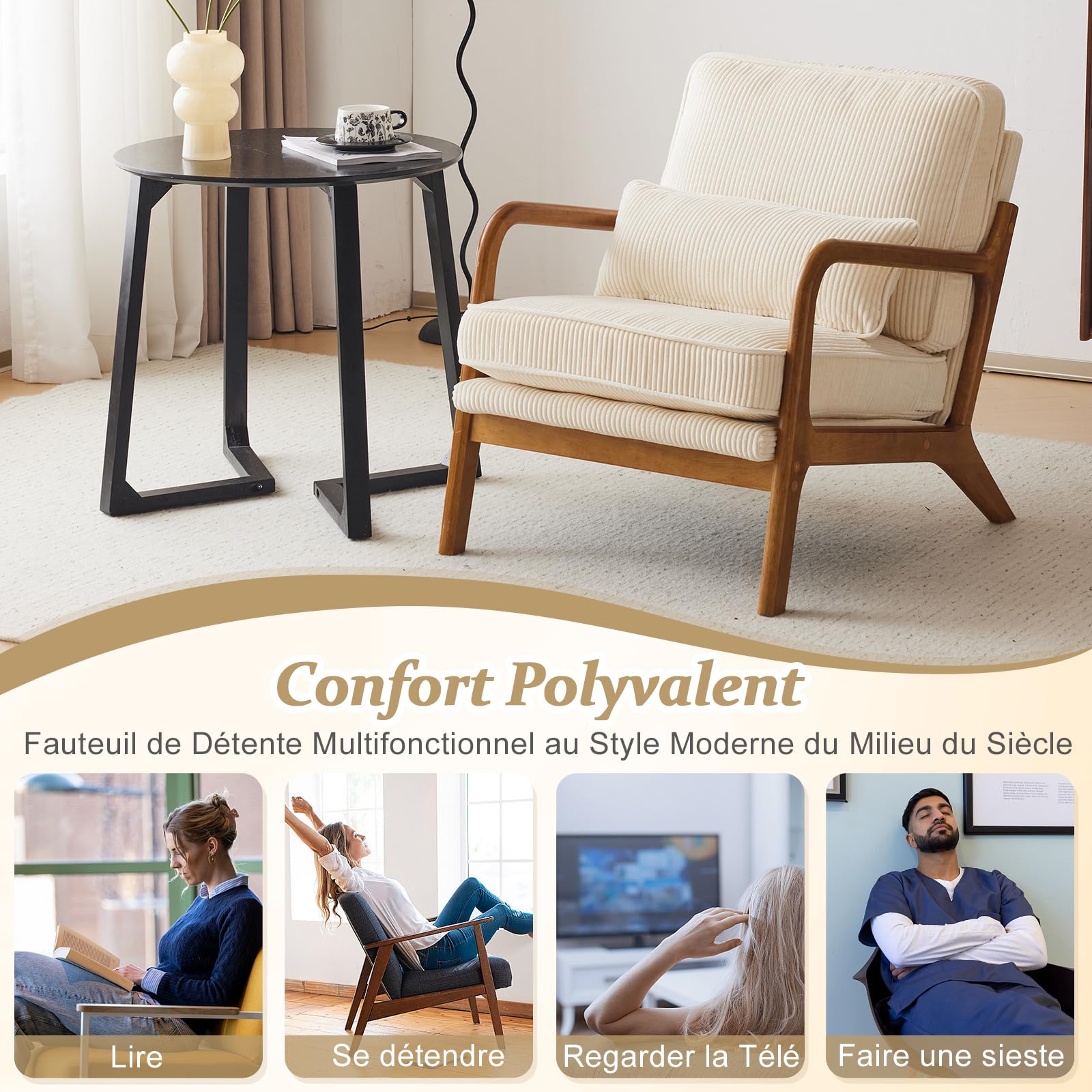 Bonnlo Fauteuil de Salon en Velours Côtelé, Chaise d'Appoint Relaxation avec Cadre en Bois, Siège Confortable pour Salon, Chambre, Terrasse, 65 x 80 x 78 cm (Beige Clair)