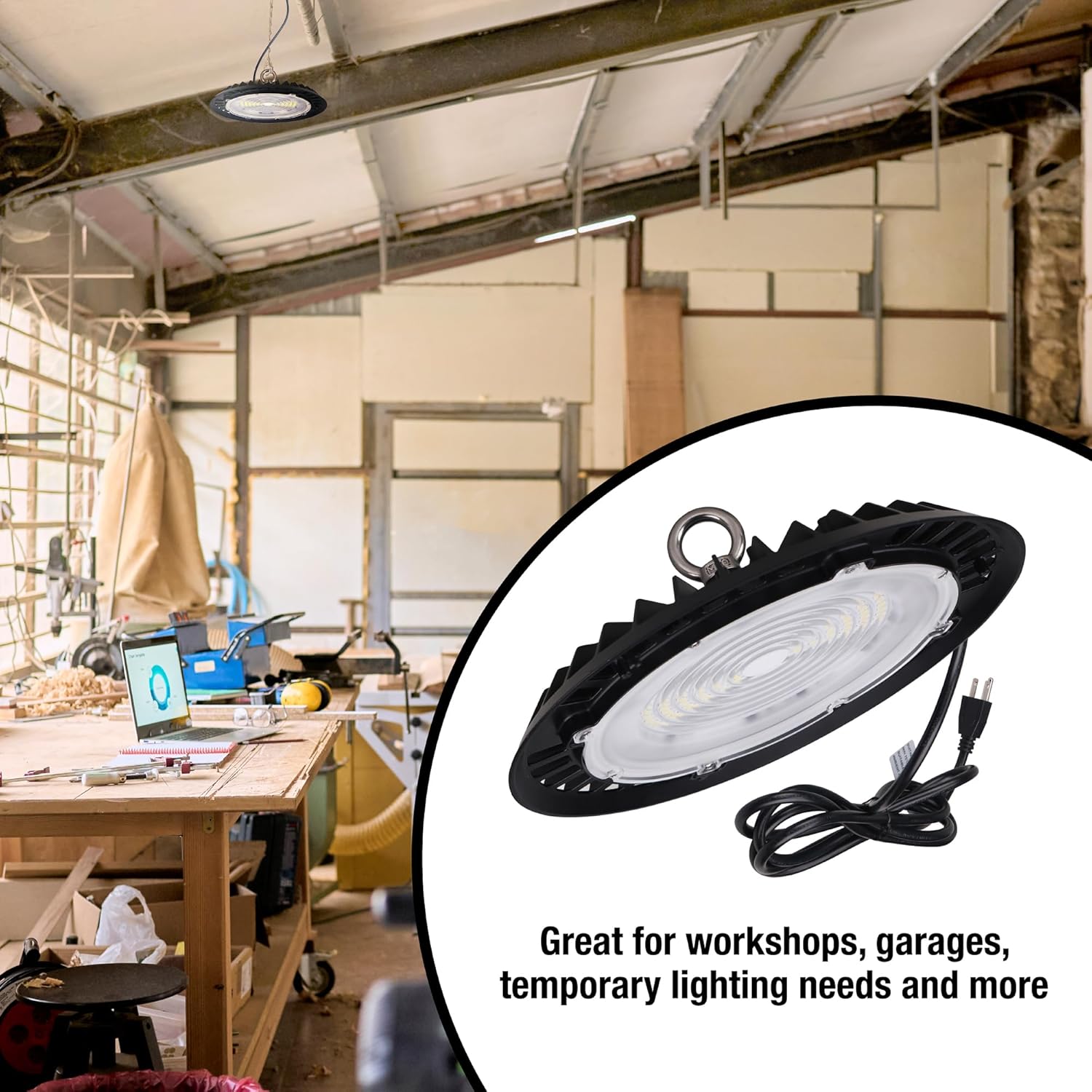 Metalux Portable LED High Bay UFO Disc Light with 6-Ft, 120V Cord and Plug - 4 Pack - Indoor/Outdoor Use for Mounting Height up to 24 Feet - HBD1650CPR