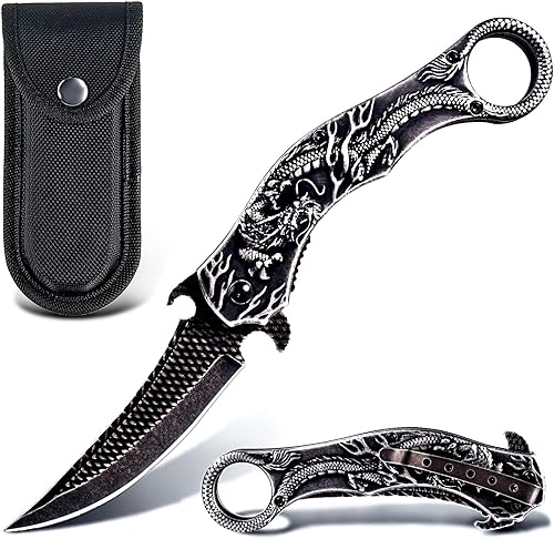 Vividstill 9Cr18Mo BLADE - Cuchillo plegable con funda, alivio del dragón 3D, gran regalo para hombres, supervivencia al aire libre, campamento