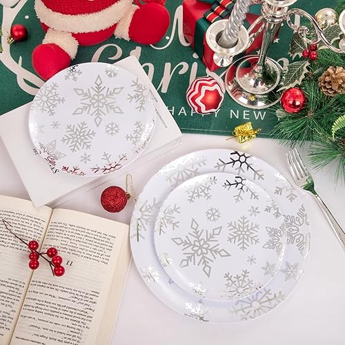 Vista 2 de WDF 50 platos de Navidad de plástico, platos blancos y plateados con copo de nieve, incluyen 25 platos llanos, 25 platos de ensalada, platos Plata