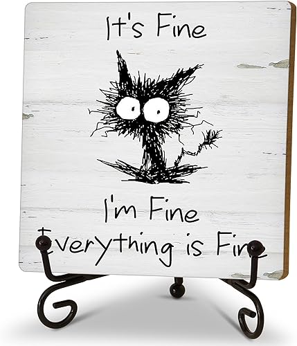 Decoración de oficina en casa, regalos para mujeres y hombres, placa de madera humorística con soporte, decoración de escritorio de gato negro para