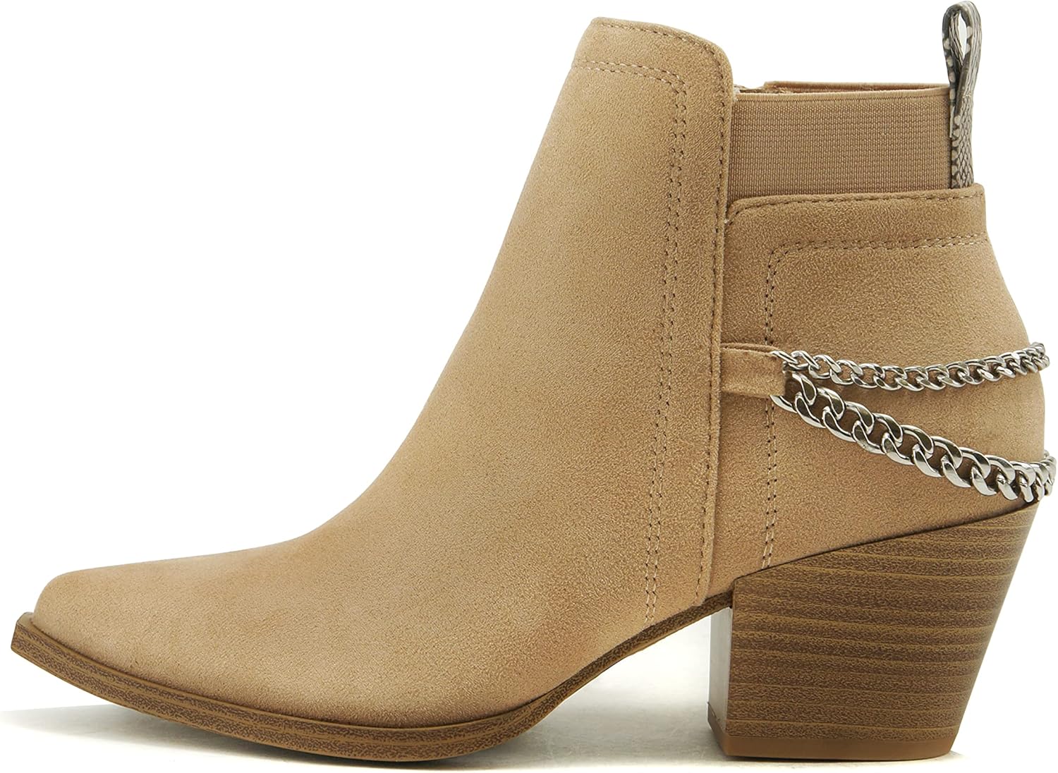 Soda QUE – Western Inspired Stacked Heels Fashion Bootie & Gleaming Chain Back Strap w/Functional Zipper (Wheat, numeric_9)