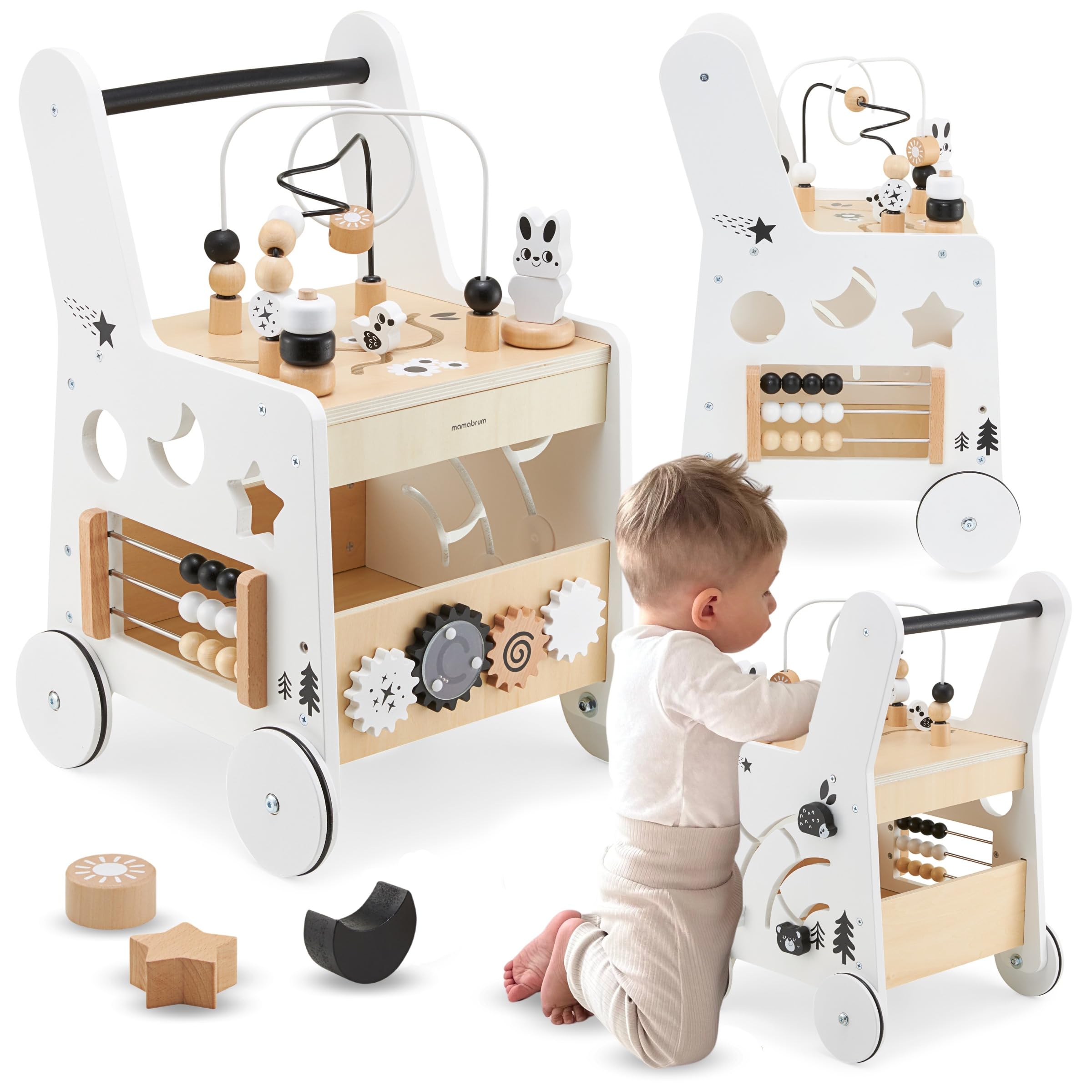 Mamabrum Caminadora y Andador Bebé 6 en 1 - Mesa Educativa de Madera con Ábaco, Engranajes y Juegos - Centro de Actividades para Primeros Pasos - 31 x 28 x 49 cm