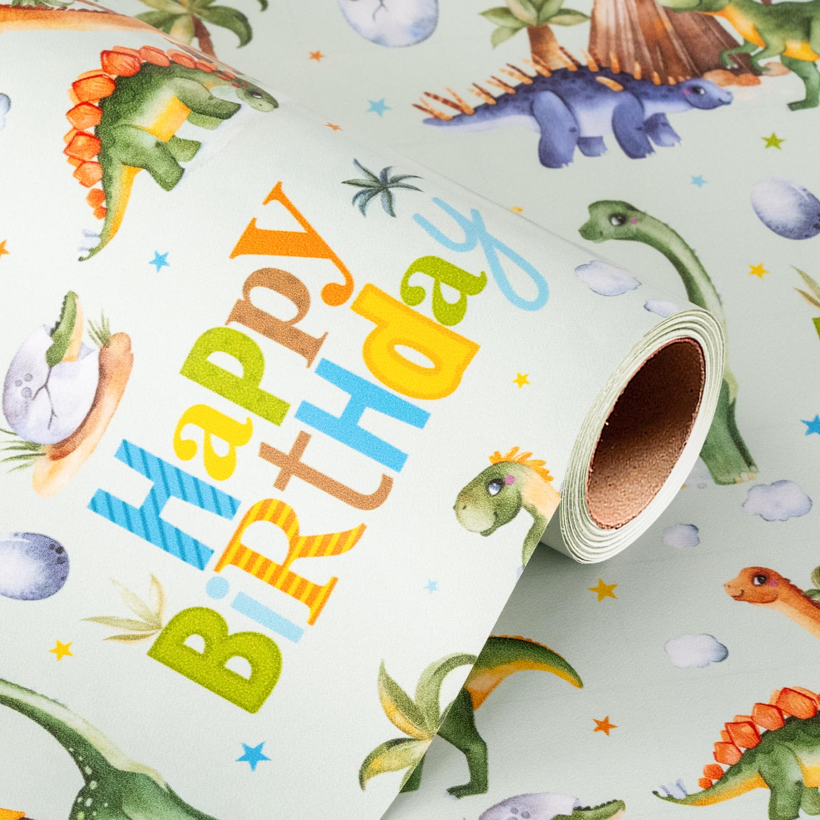 Wikadlik Dinosaur Birthday Wrapping Paper for Boys - 43cm x 5m Cute Green Jurassic Dino Pattern Gift Wrap for Kids Birthday