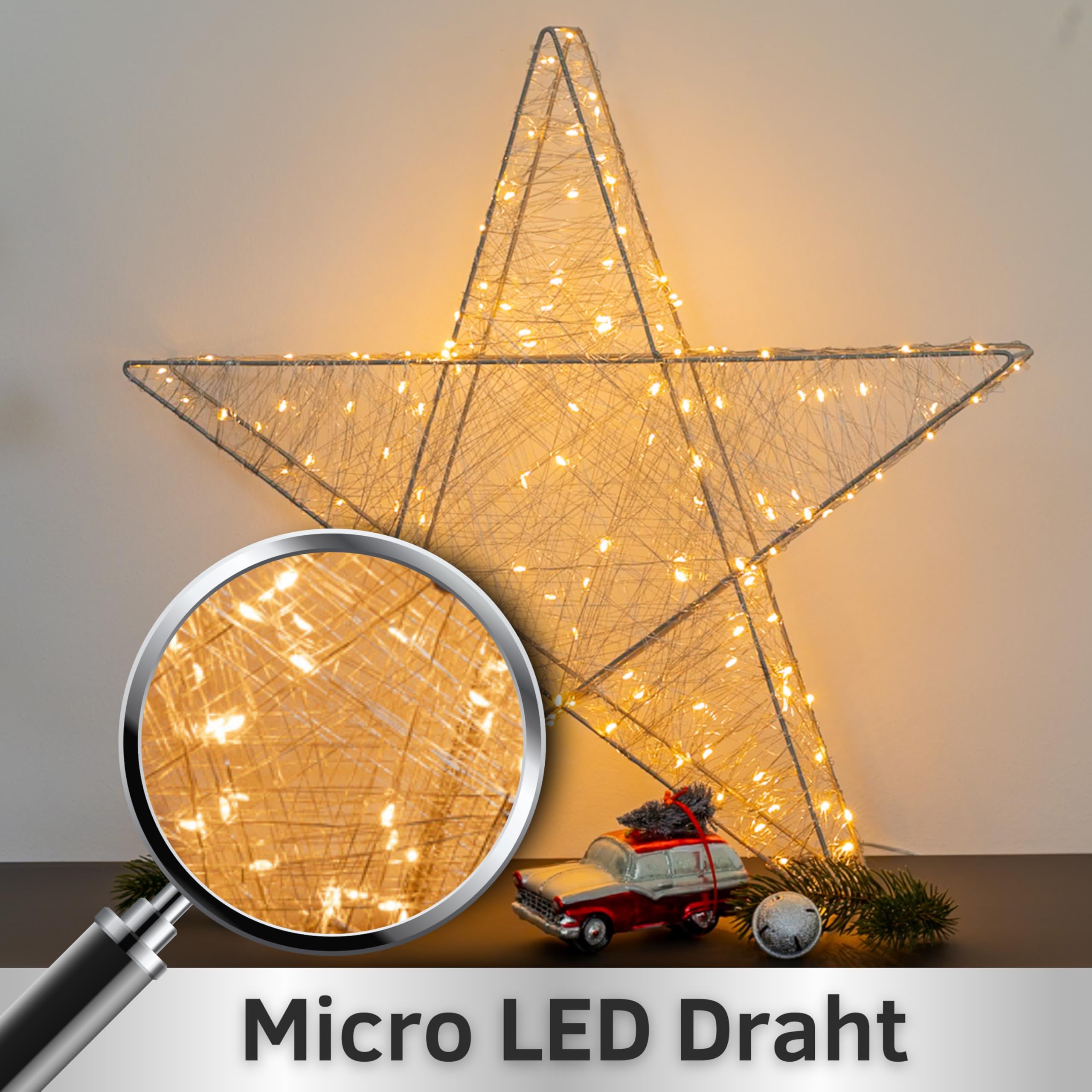 Batteriebetriebener LED Weihnachtsstern silber mit Fernbedienung & Timer - dimmbar - Dekostern beleuchtet mit warmweißen LEDs Innen und Außen Weihnachtsdeko Fensterdeko (Silber, 160 LEDs - B57xH54xT8)