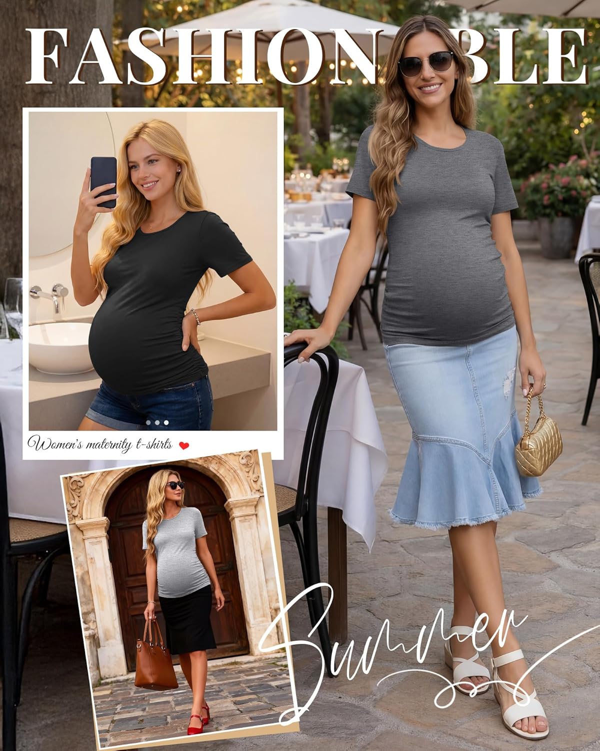 Ficerd 3 Pack Women's Maternity T-Shirts, Short Sleeve Maternity Tops Comfy Crew Neck Side Ruched Pregnancy Clothes - Image 3