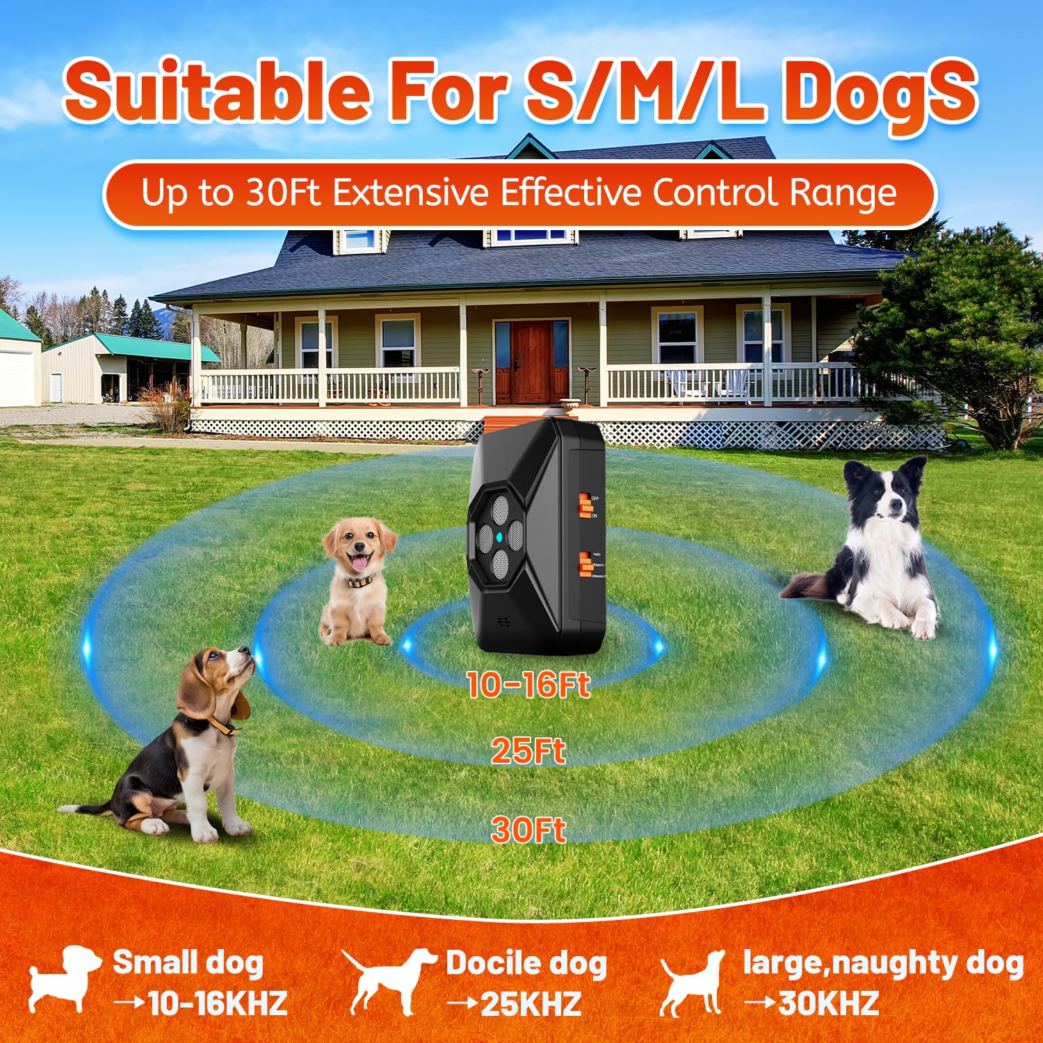 WUGEIN Antiabbaio per Cani, 30 Ft Anti Abbaio per Cani, 3 Modi Ultrasuoni per Cani Interni Esterni Antibell per Cani di Piccola Grandi Taglia Media Anti Bell