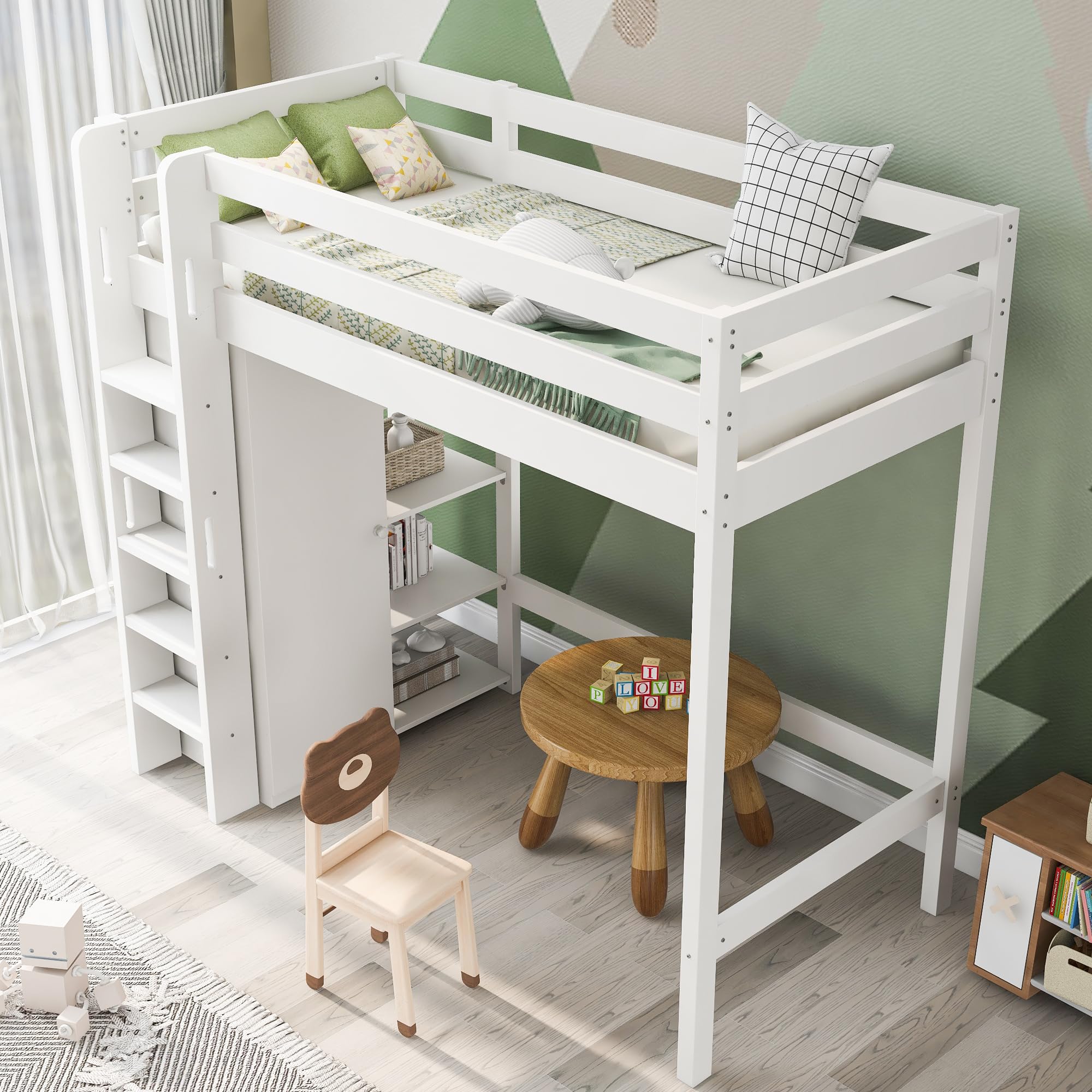 LAKFEW Cama Alta Infantil 90x200 cm con Armario y Estante Almacenaje Ajustable, Cama Tren Camas Altas con Dispositivo antivuelco y Protección Anticaída, Camas Literas con Escalera, Blanco, Sin Colchón