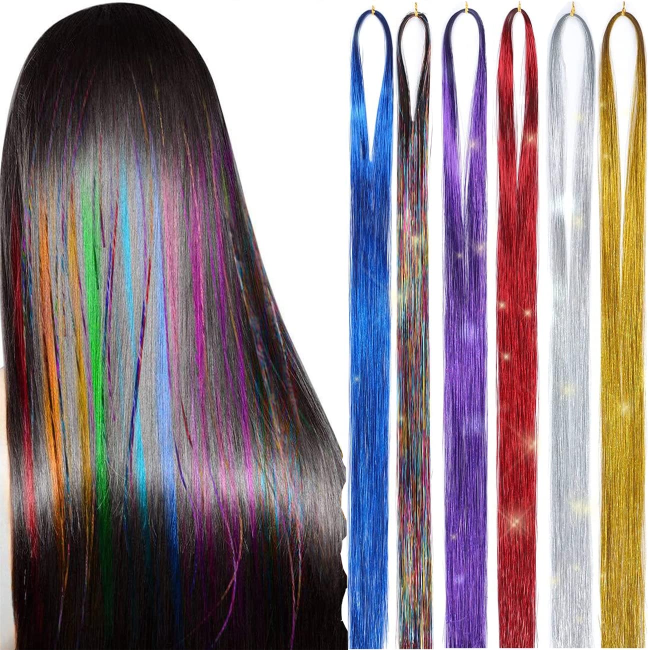 hair tinsel kit strands 45 inch 6 colors 600 strands fairy hair tinsel kit hair extensions sparkling glitter shiny silk tinsel (6 colors)