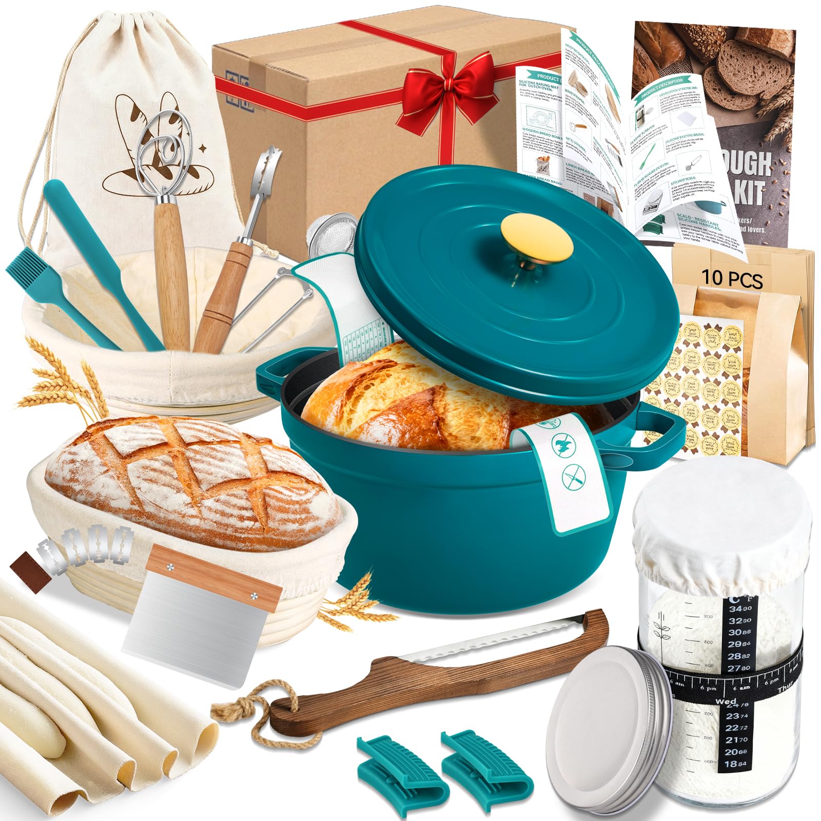 NZQXJXZ 5.7L Sauerteig Starter Set mit Gusseisen Topf Brot Backen und Gärkorb, Emaillierter Brotbacktopf Set mit Naturlichem 100% Rattan Gärkörbchen, Brotbackset fur Anfanger und Erfahrene Backer